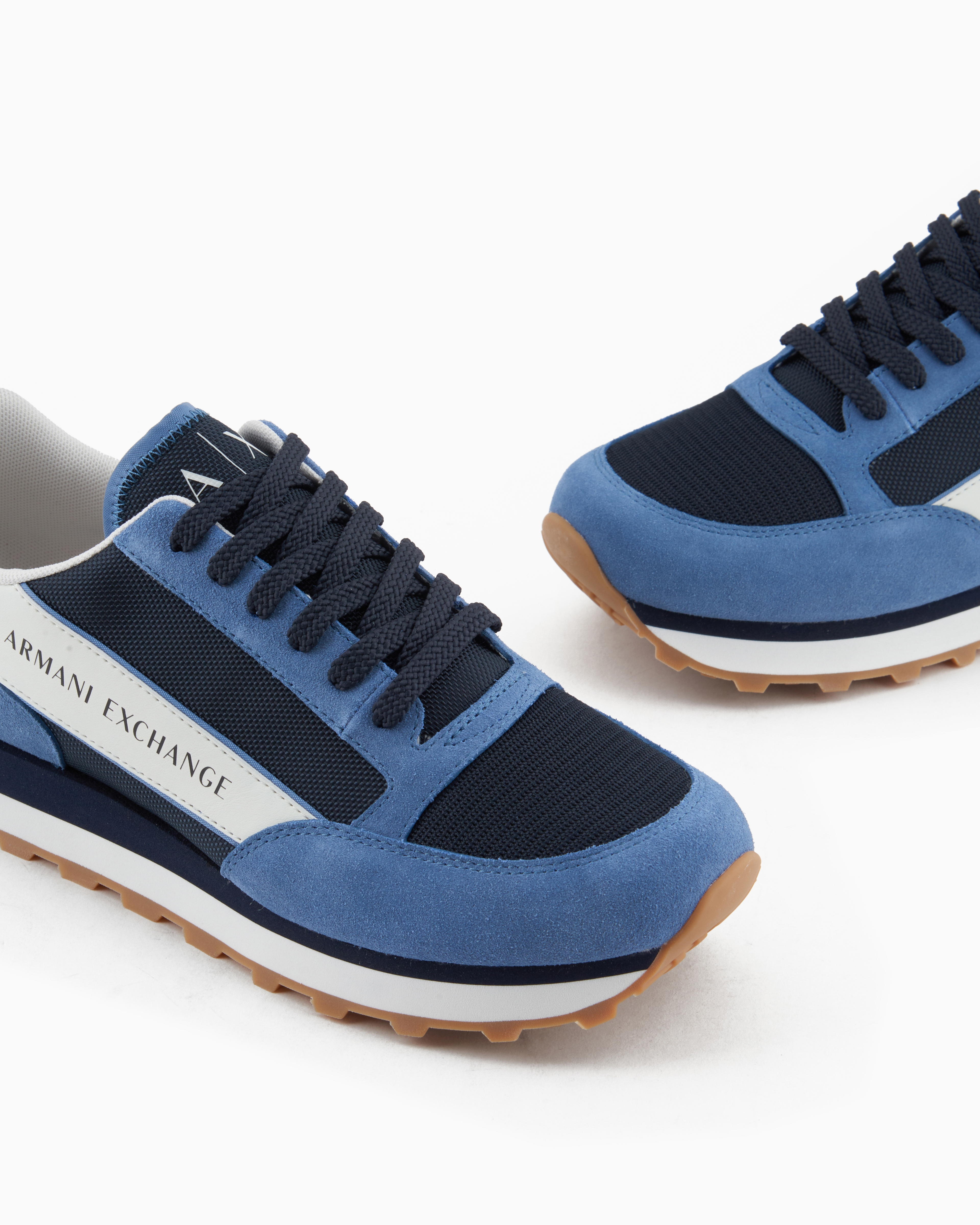 Armani Exchange Suede Sneakers With Mesh Inserts In Navy Blue