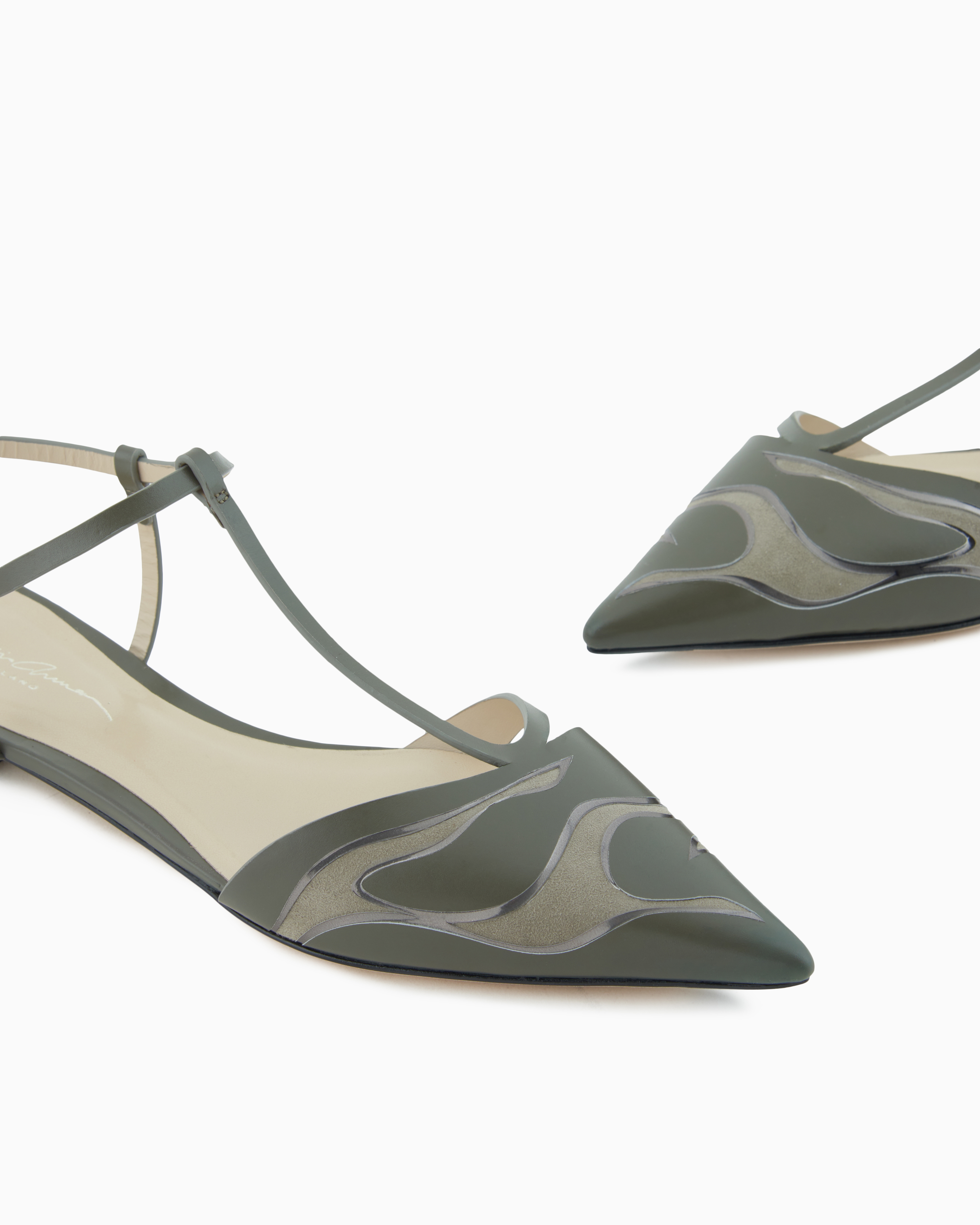 Giorgio Armani Pointed Leather Ballet Flats In Green