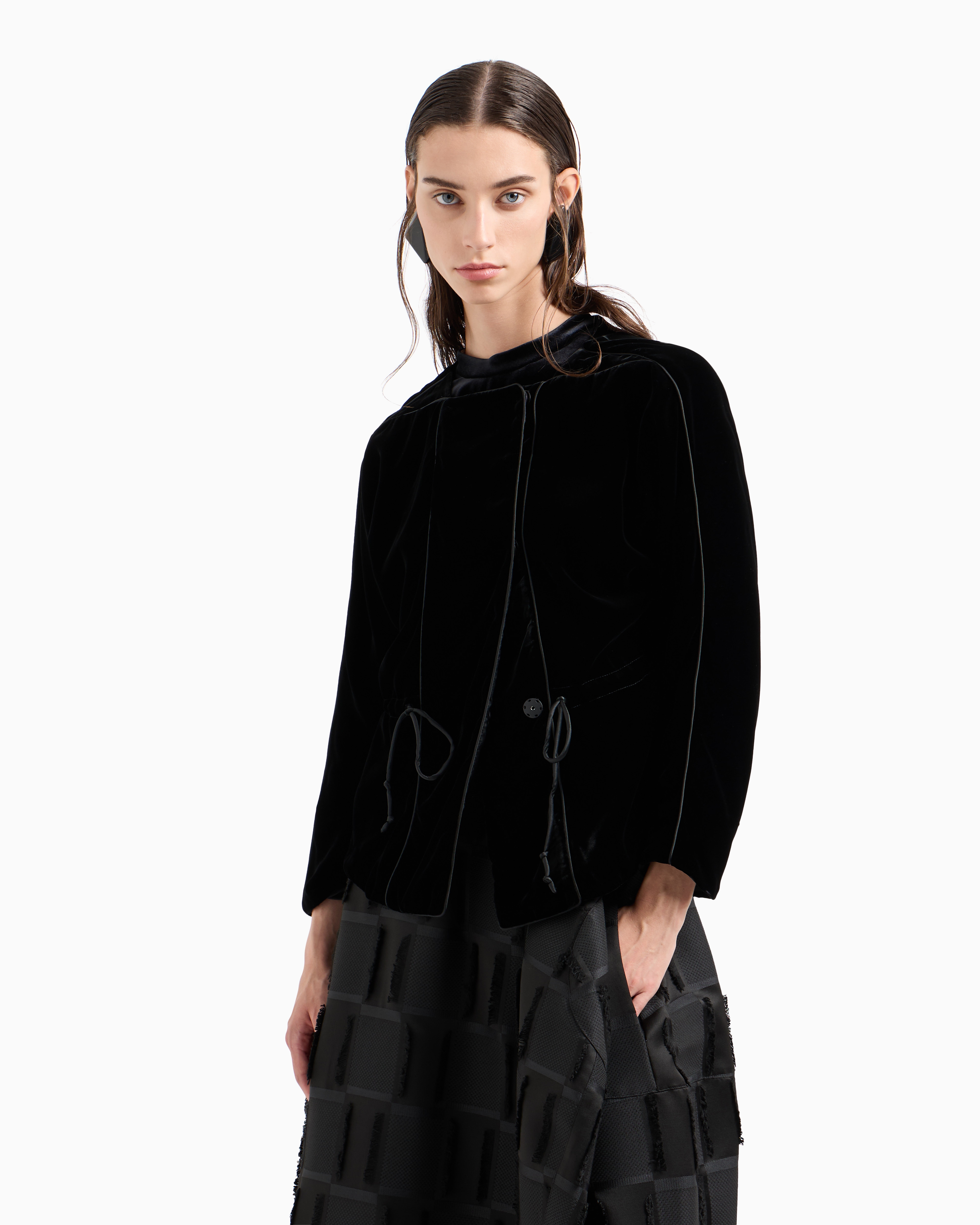 Emporio Armani Double-breasted Jacket In Liquid Velvet With Satin Piping In Black