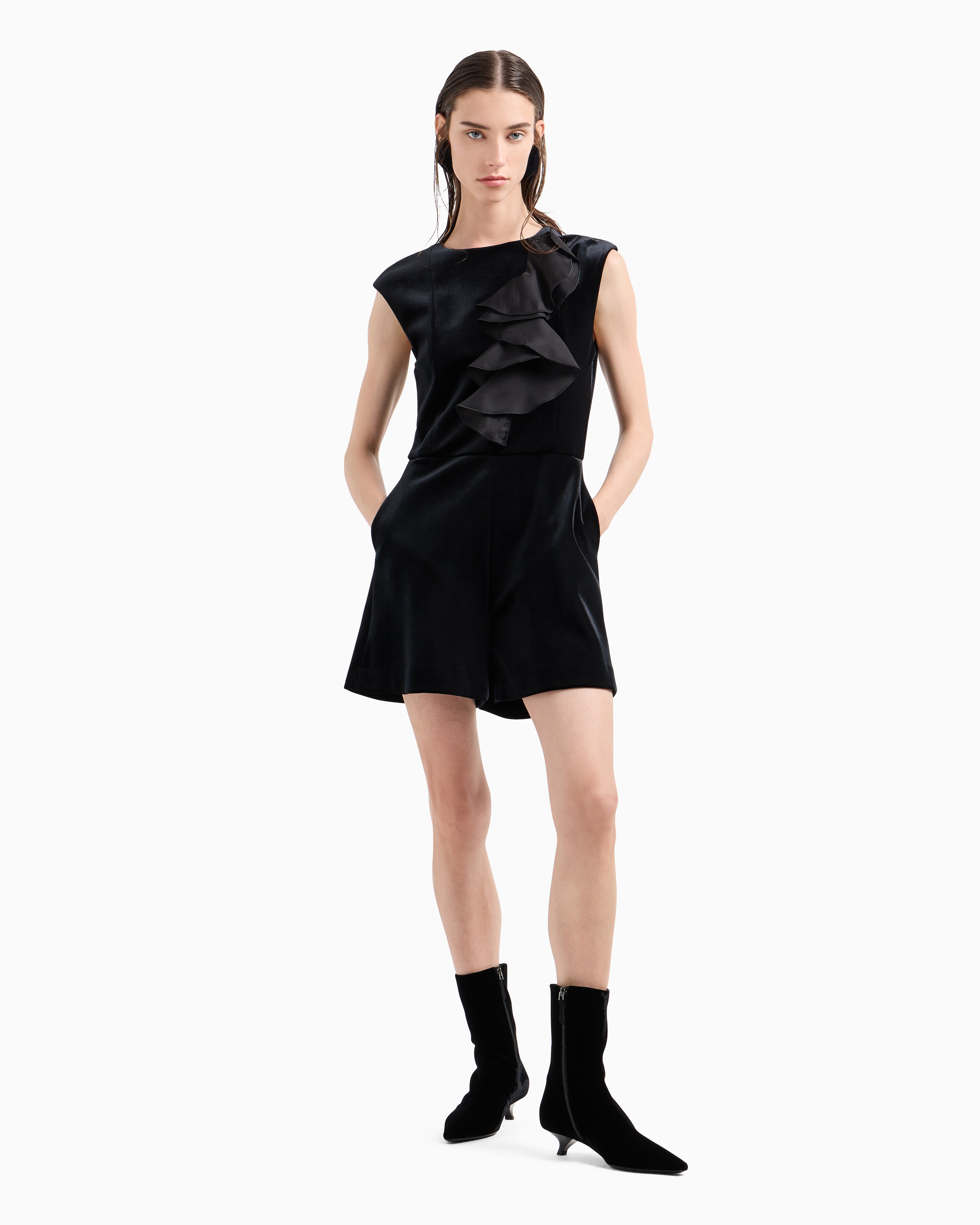 Shop Emporio Armani Moon Capsule Collection Chenille Jersey Short Jumpsuit With Organza Ruffles In Black