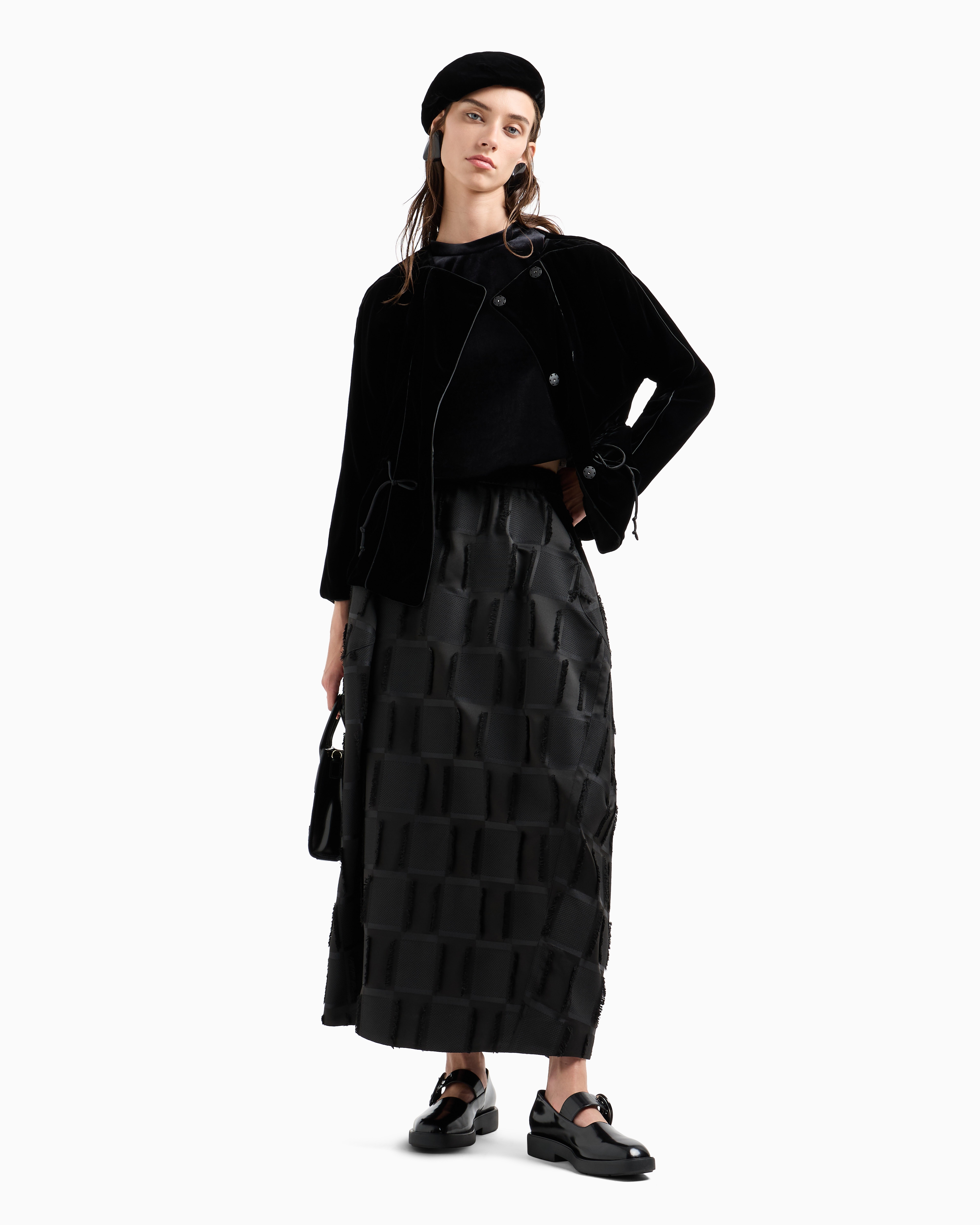 Emporio Armani Double-breasted Jacket In Liquid Velvet With Satin Piping In Black