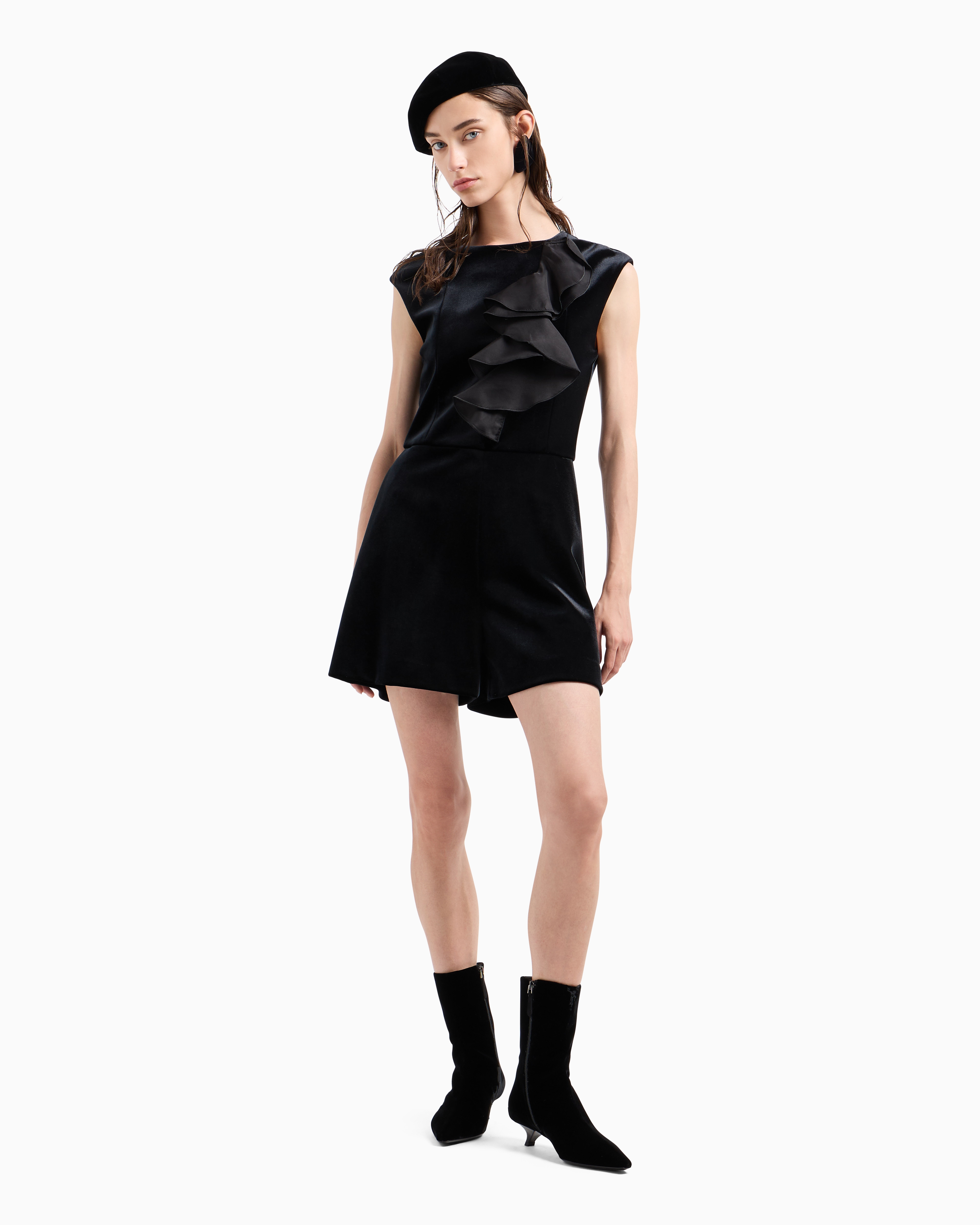 Shop Emporio Armani Moon Capsule Collection Chenille Jersey Short Jumpsuit With Organza Ruffles In Black