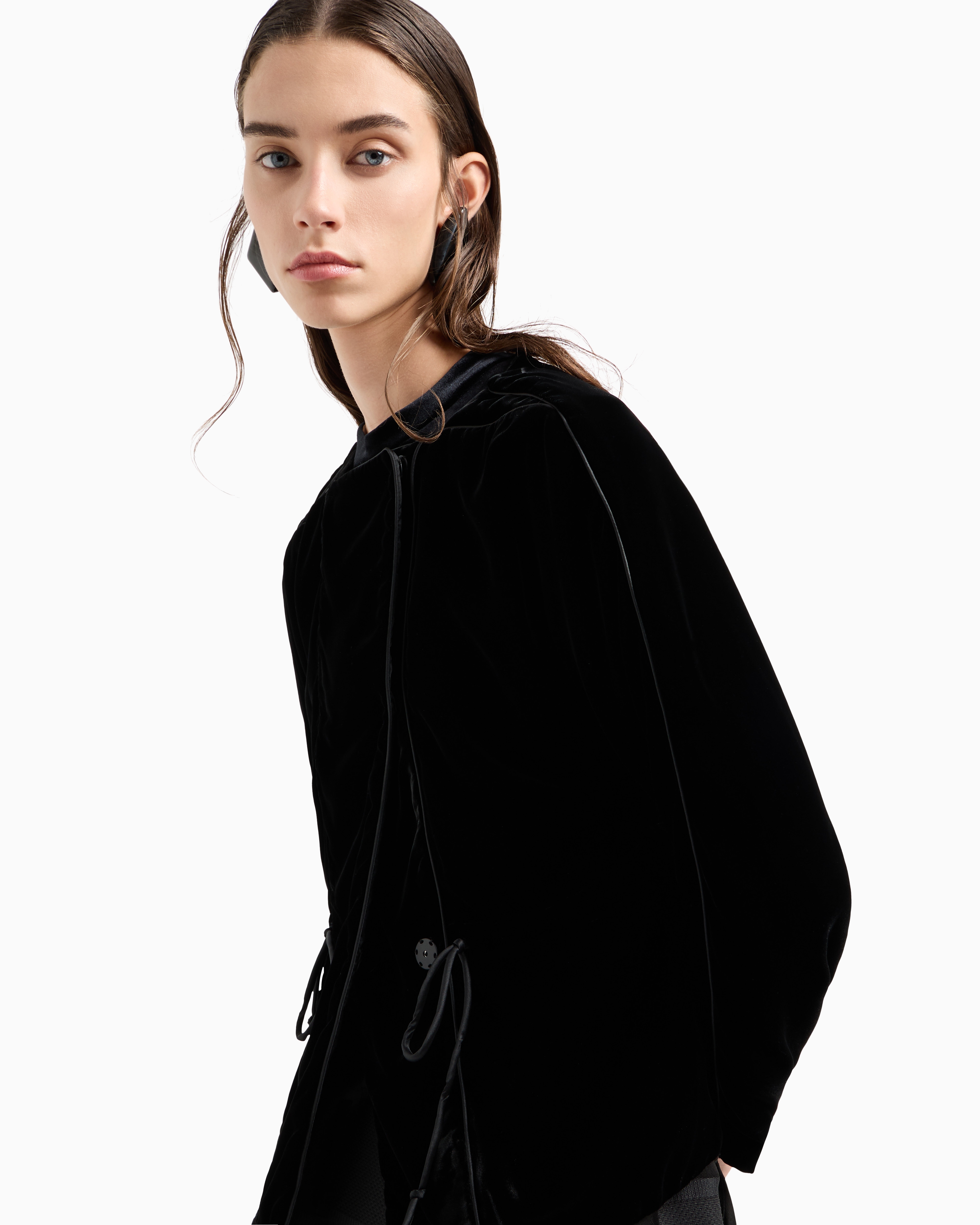 Emporio Armani Double-breasted Jacket In Liquid Velvet With Satin Piping In Black