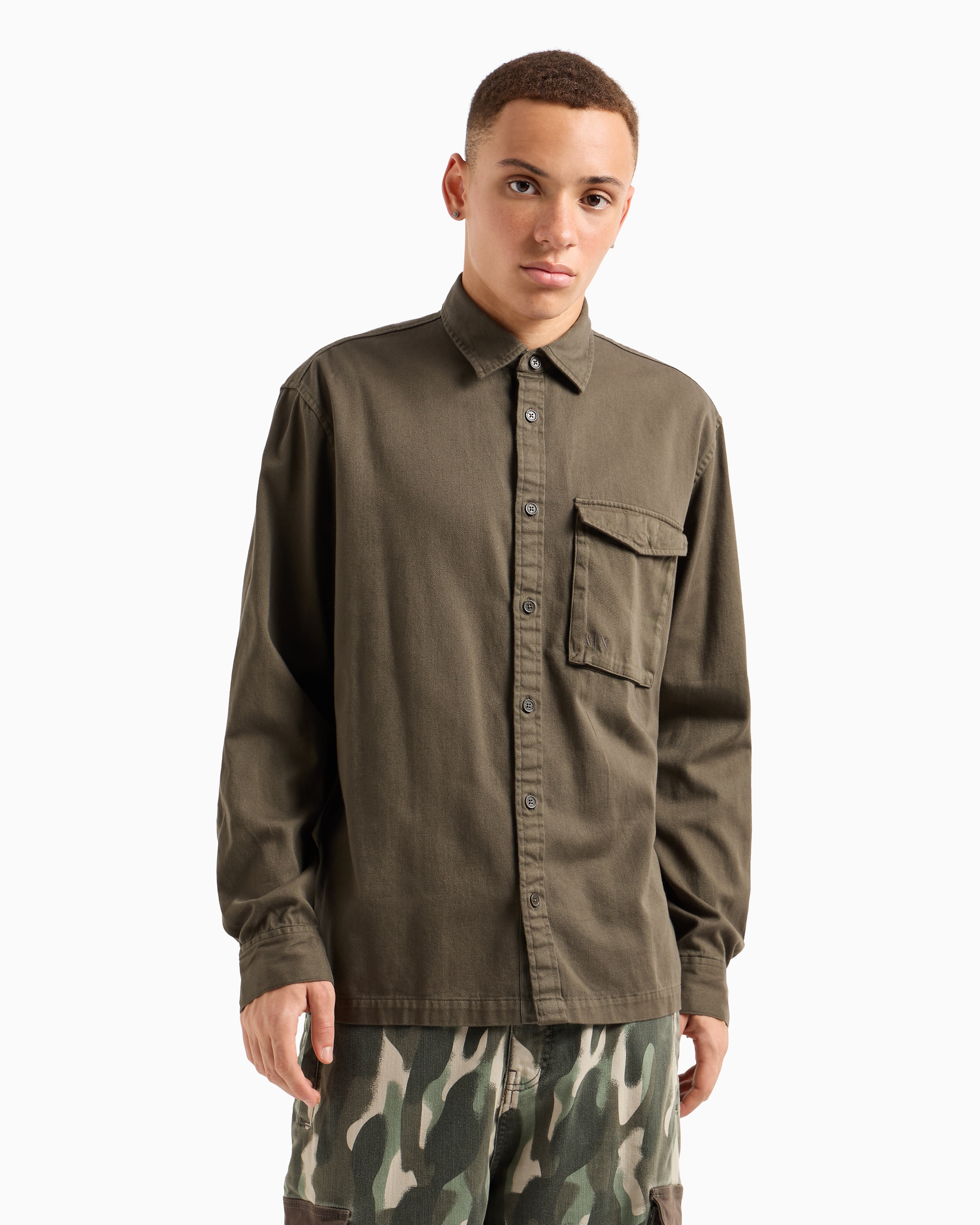 Shop Armani Exchange Loose-fit Cotton Twill Shirt With Pockets In Green