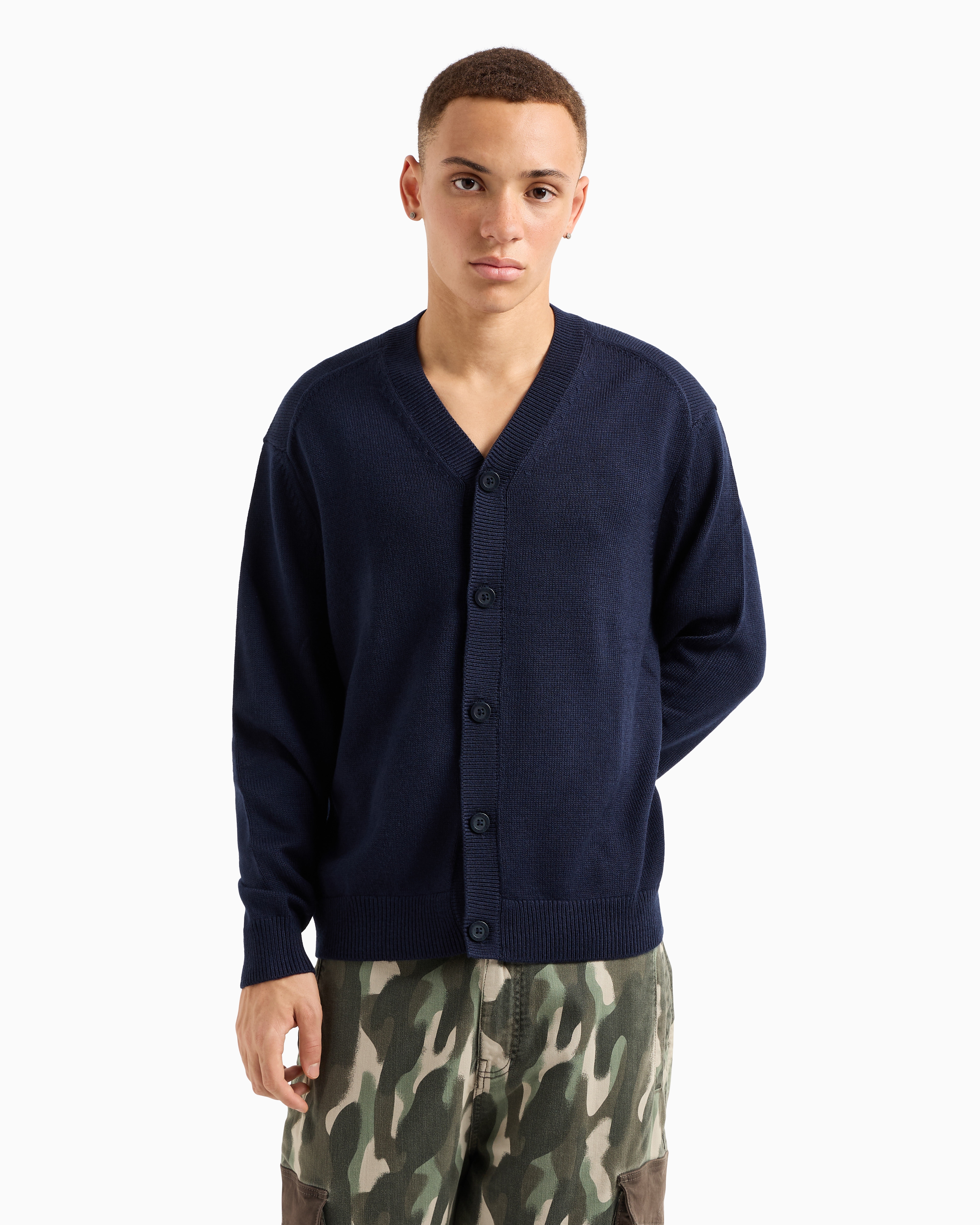 Shop Armani Exchange Asv Button Up Cardigan In Navy Blue