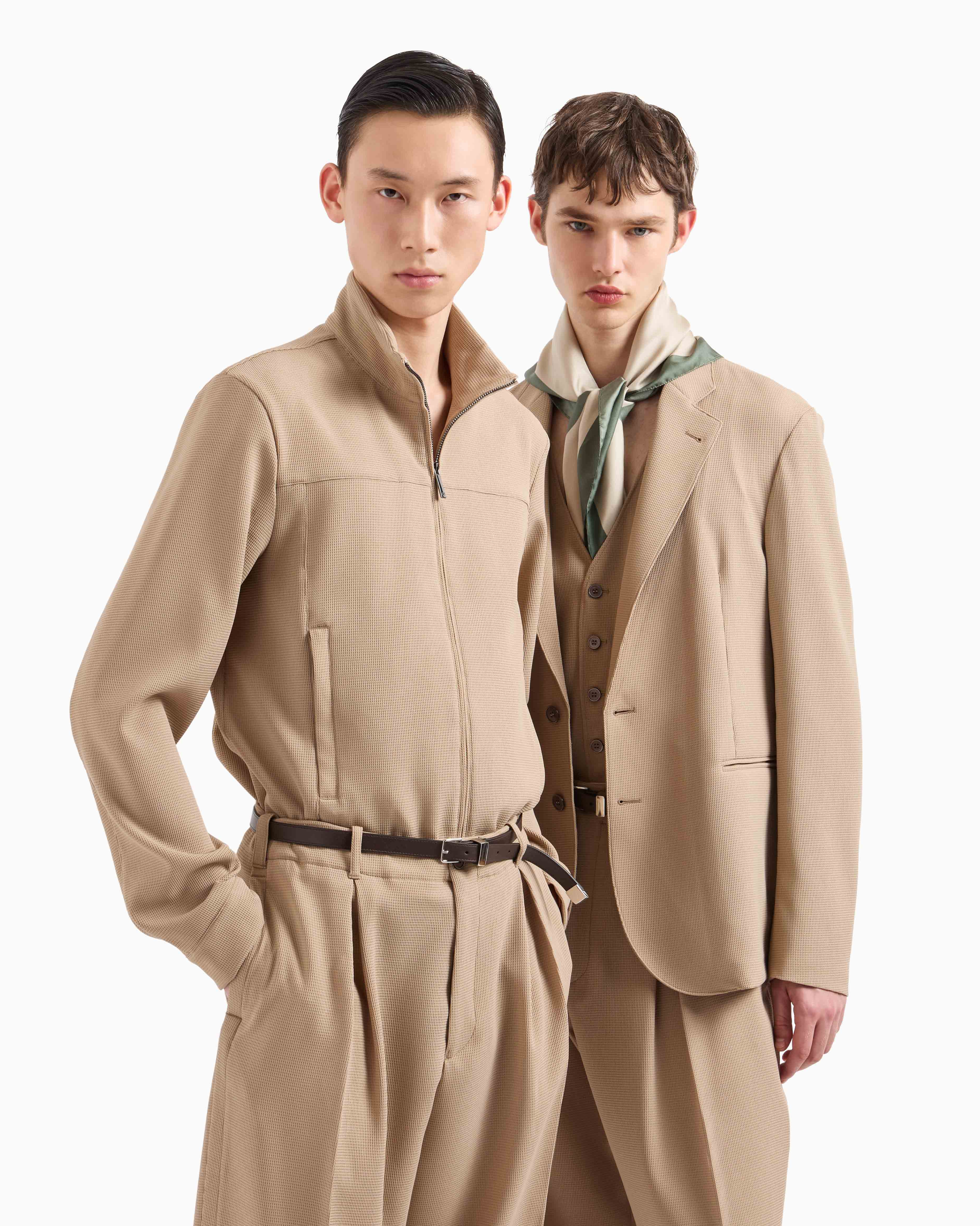 Emporio Armani - Icon full-zip blouson piqué-effect micro-textured crêpe jersey, Man, Beige, Size: