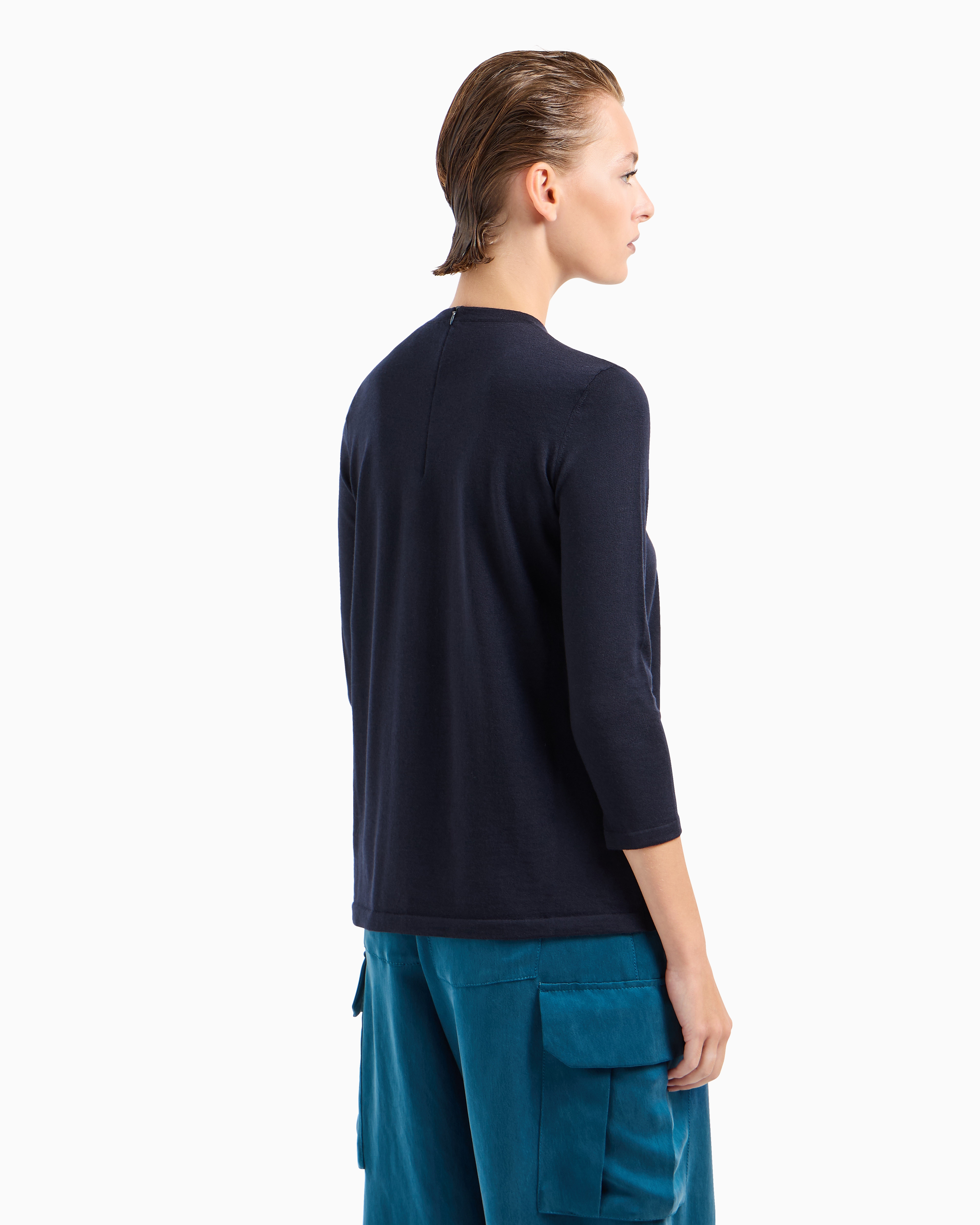 Shop Giorgio Armani Virgin-wool, Crew-neck Jumper In Blau