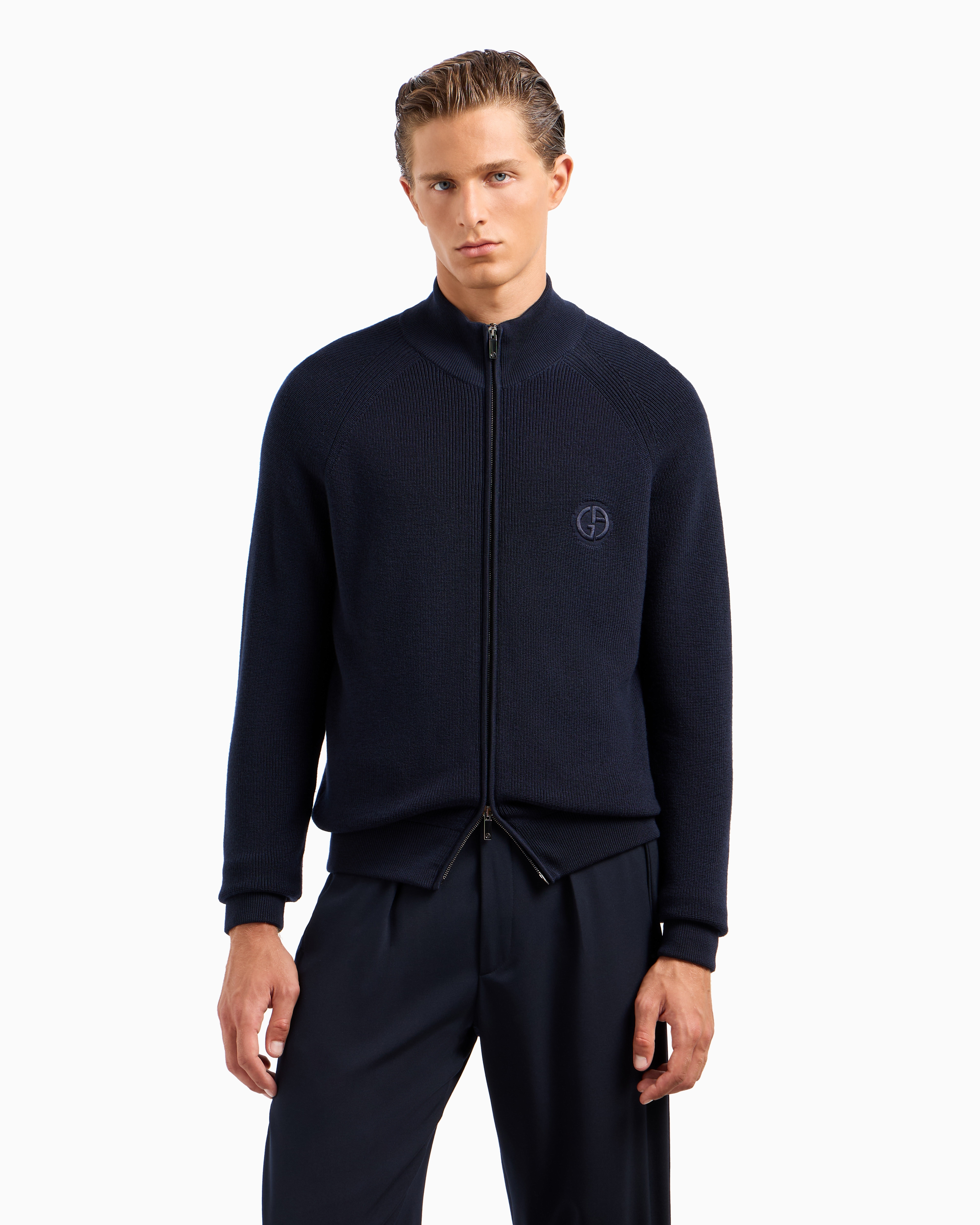 Giorgio Armani Virgin Wool Zip-up Sweater In Blue