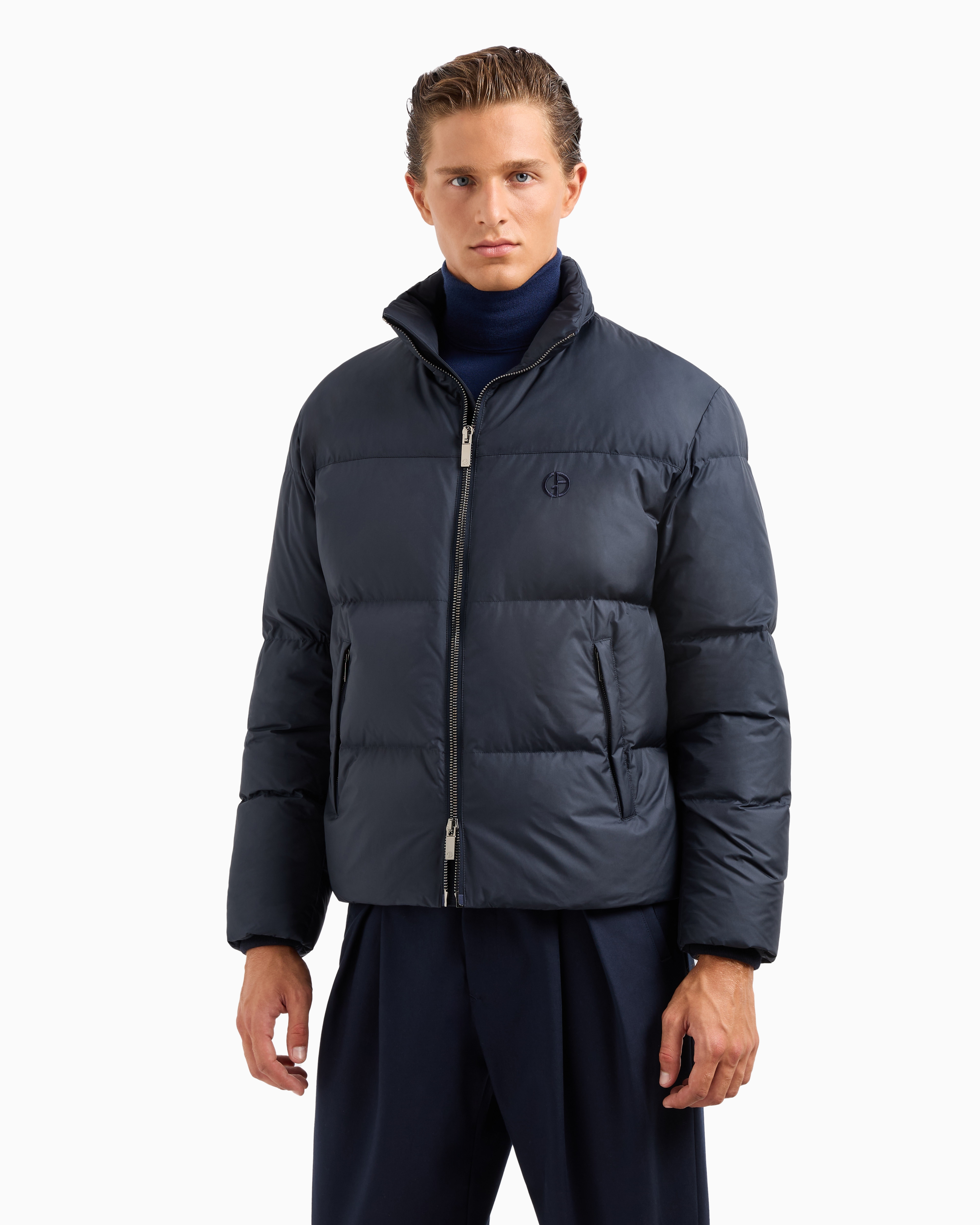 Giorgio Armani Official Store Bomber Jacket With Goose-down Padding Armani Sustainability Values In Blue