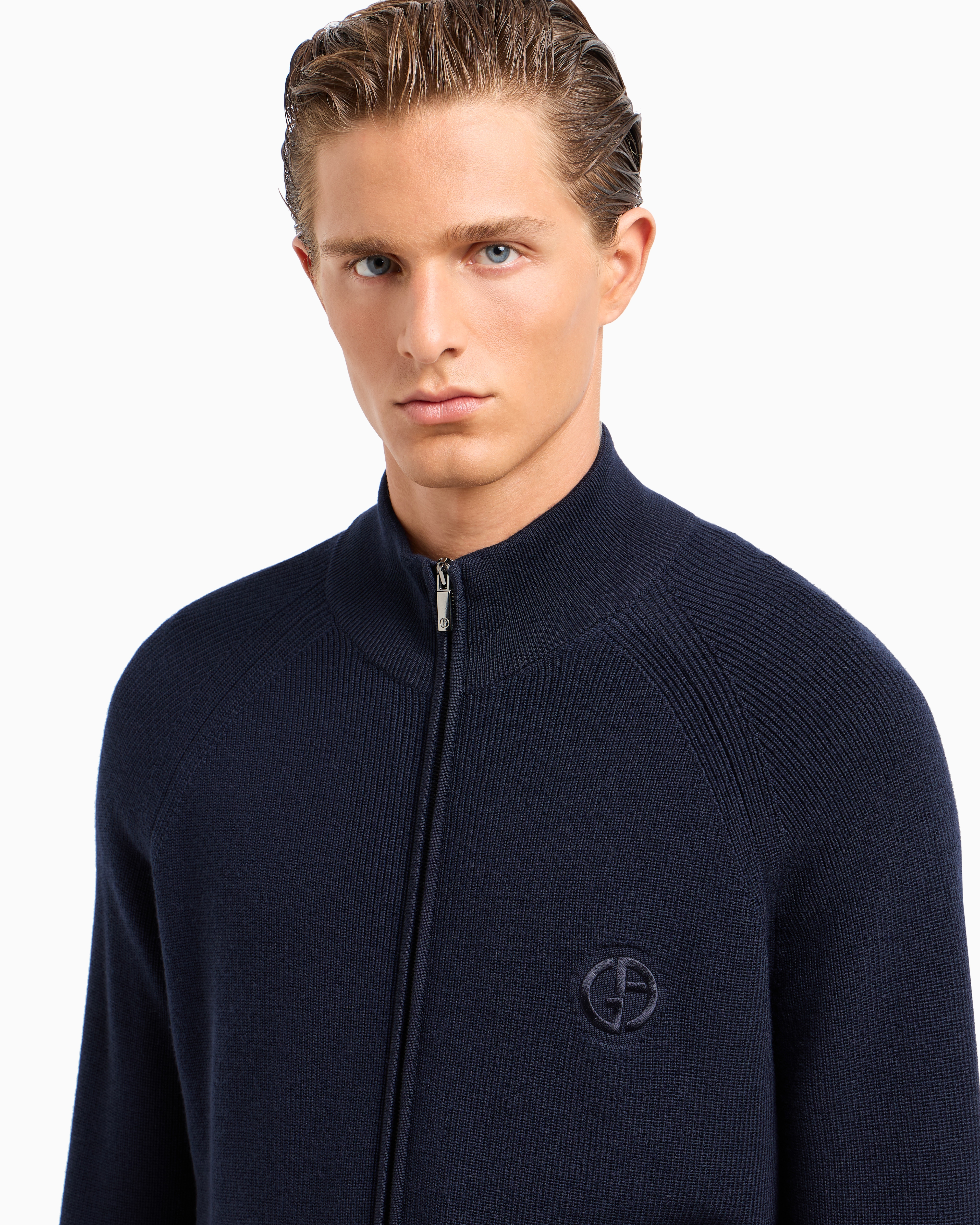 Giorgio Armani Virgin Wool Zip-up Sweater In Blue