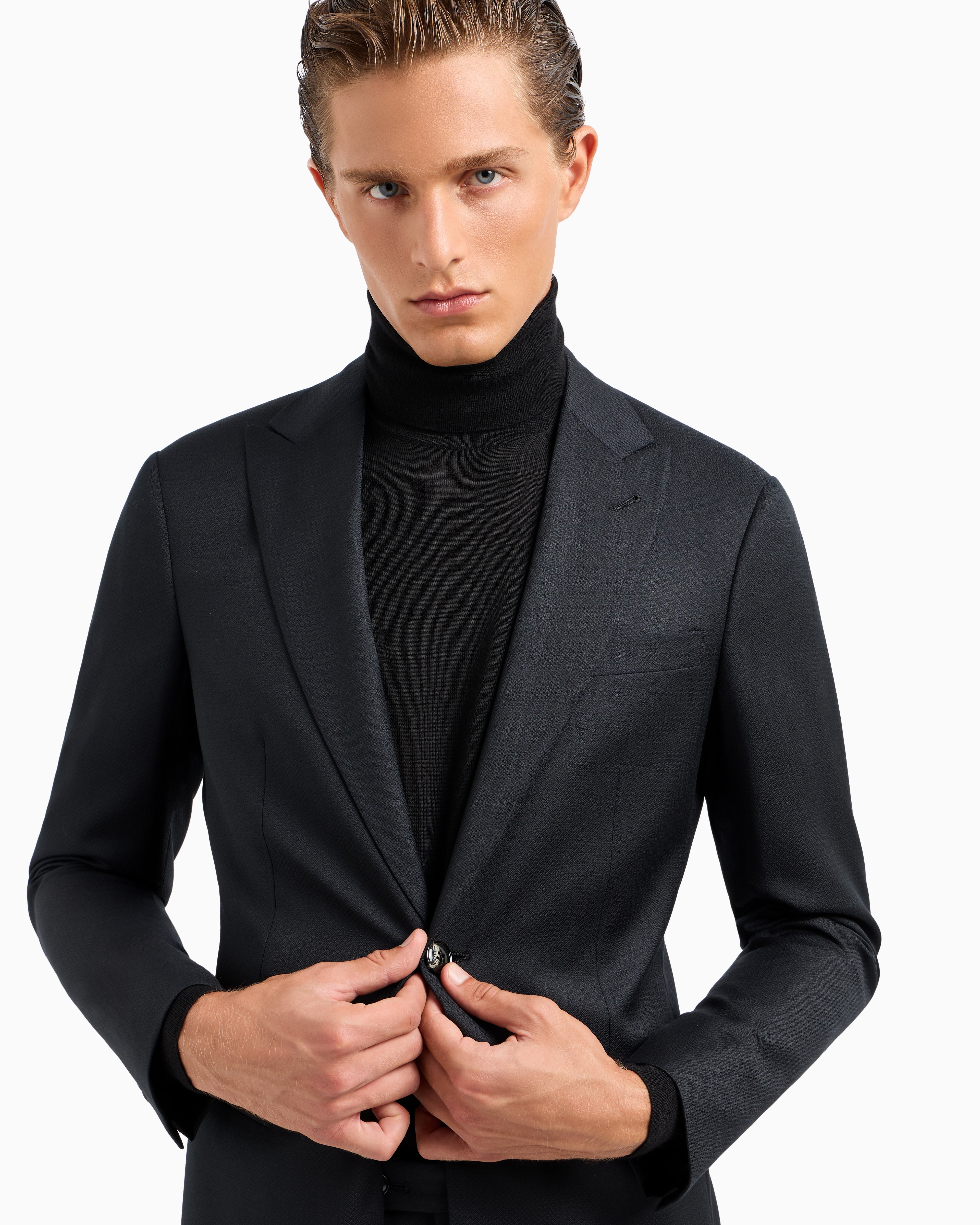 Giorgio Armani Single-breasted Soho Line Suit In Virgin Wool Armure In Noir