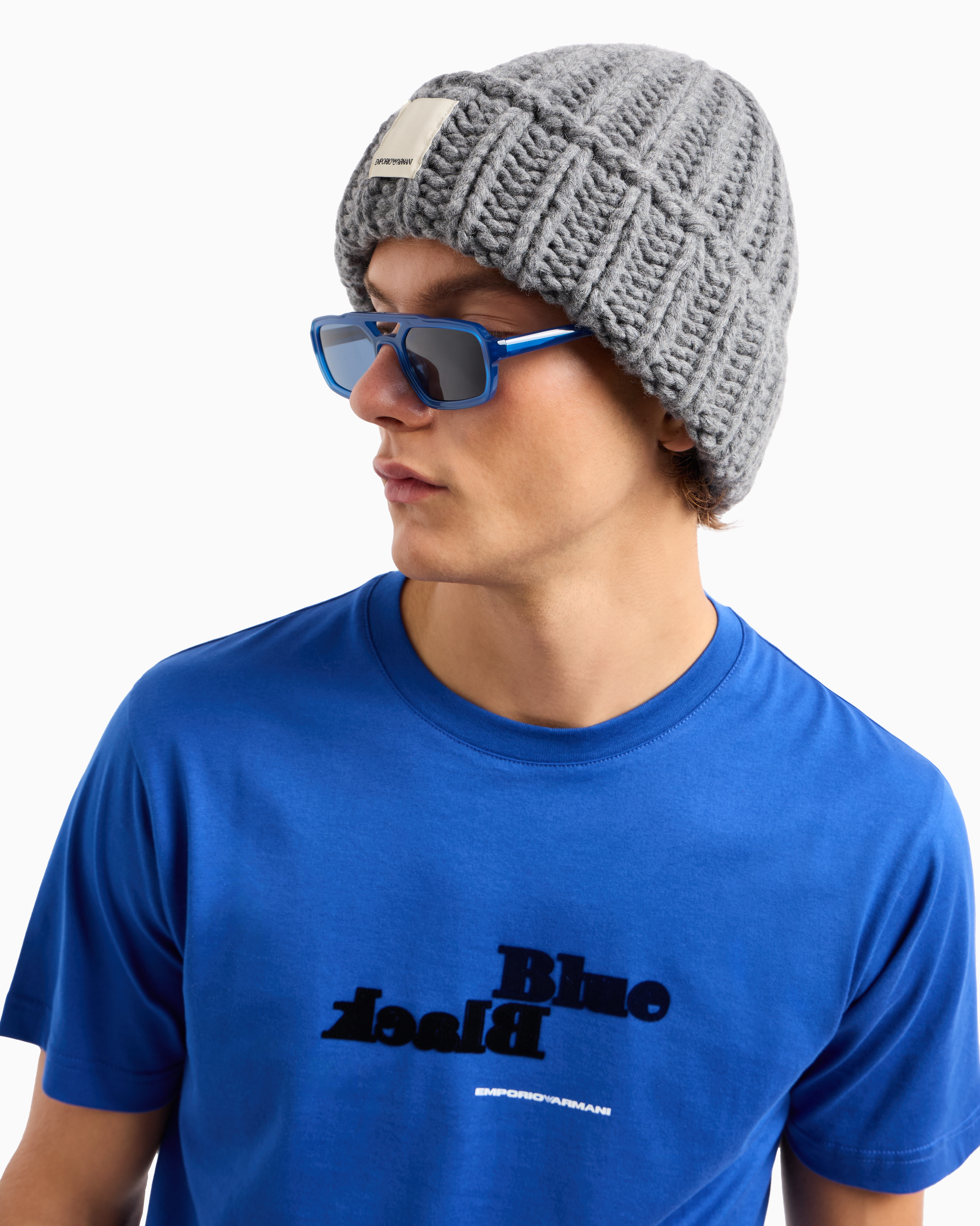 Emporio Armani Asv Black Blue Capsule Collection Ribbed Wool Beanie In Grey