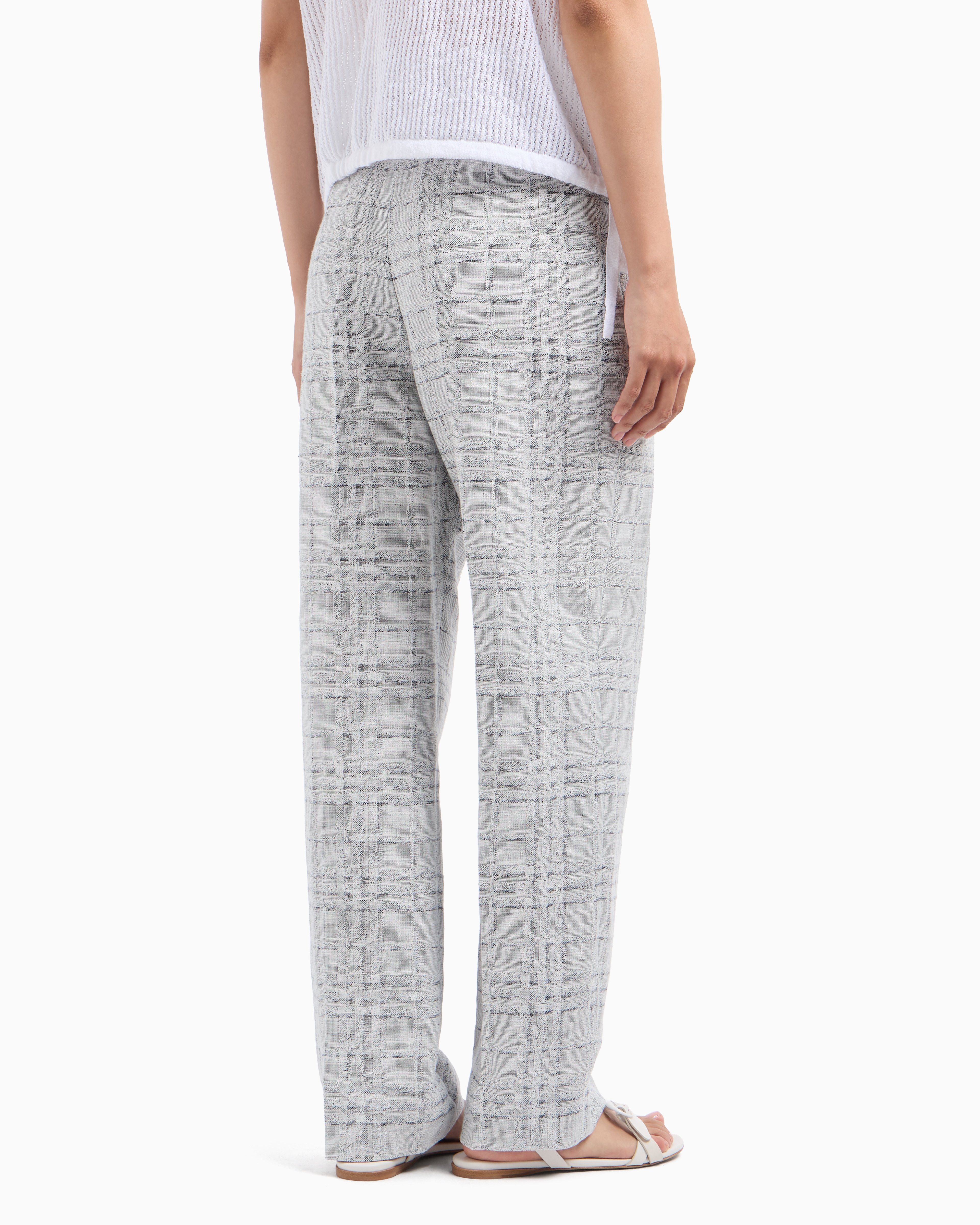 Emporio Armani Icon Check-motif Linen-blend Trousers With Pleats In Grey