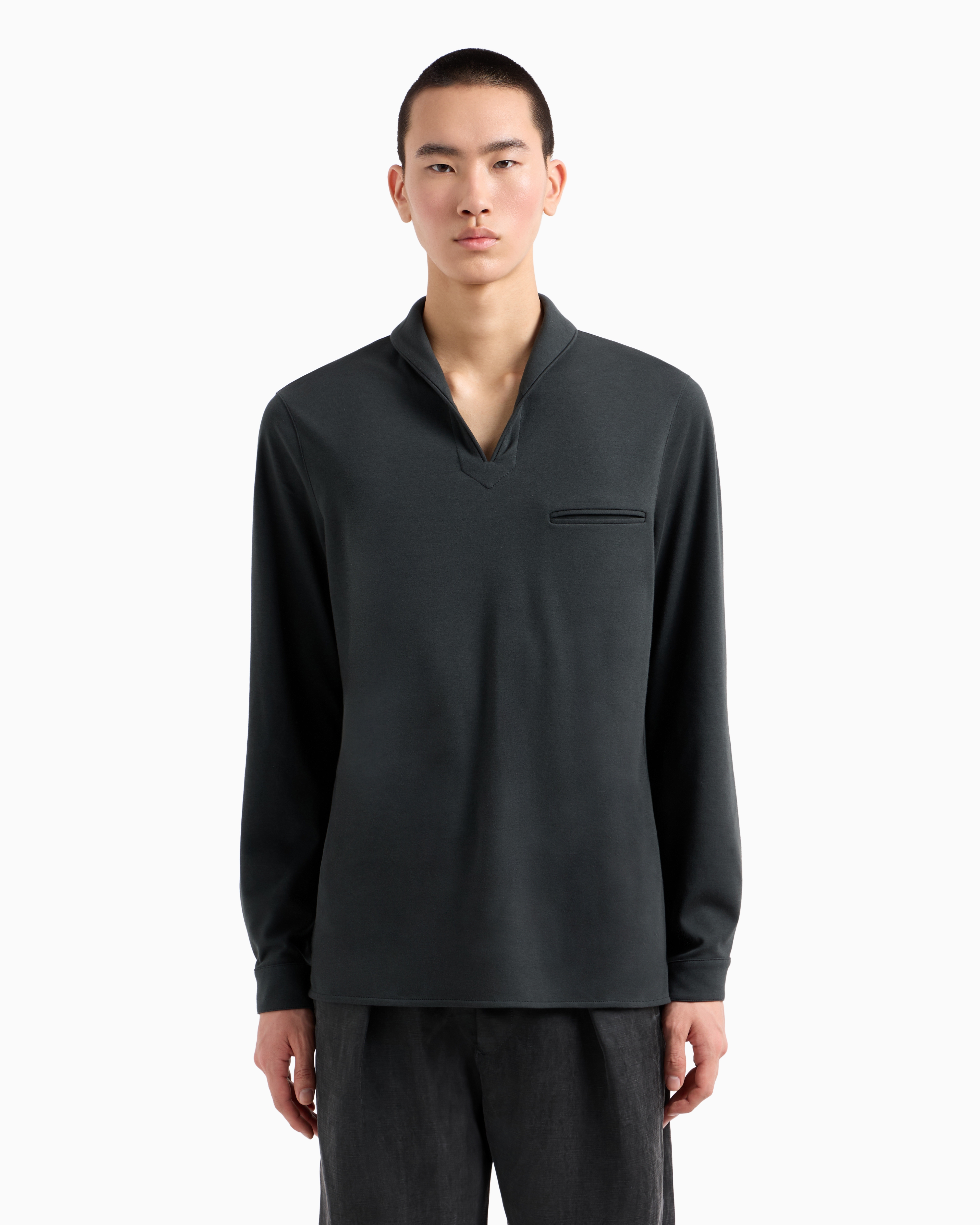 Giorgio Armani Cotton And Cashmere Interlock Long-sleeved Polo Shirt In Green