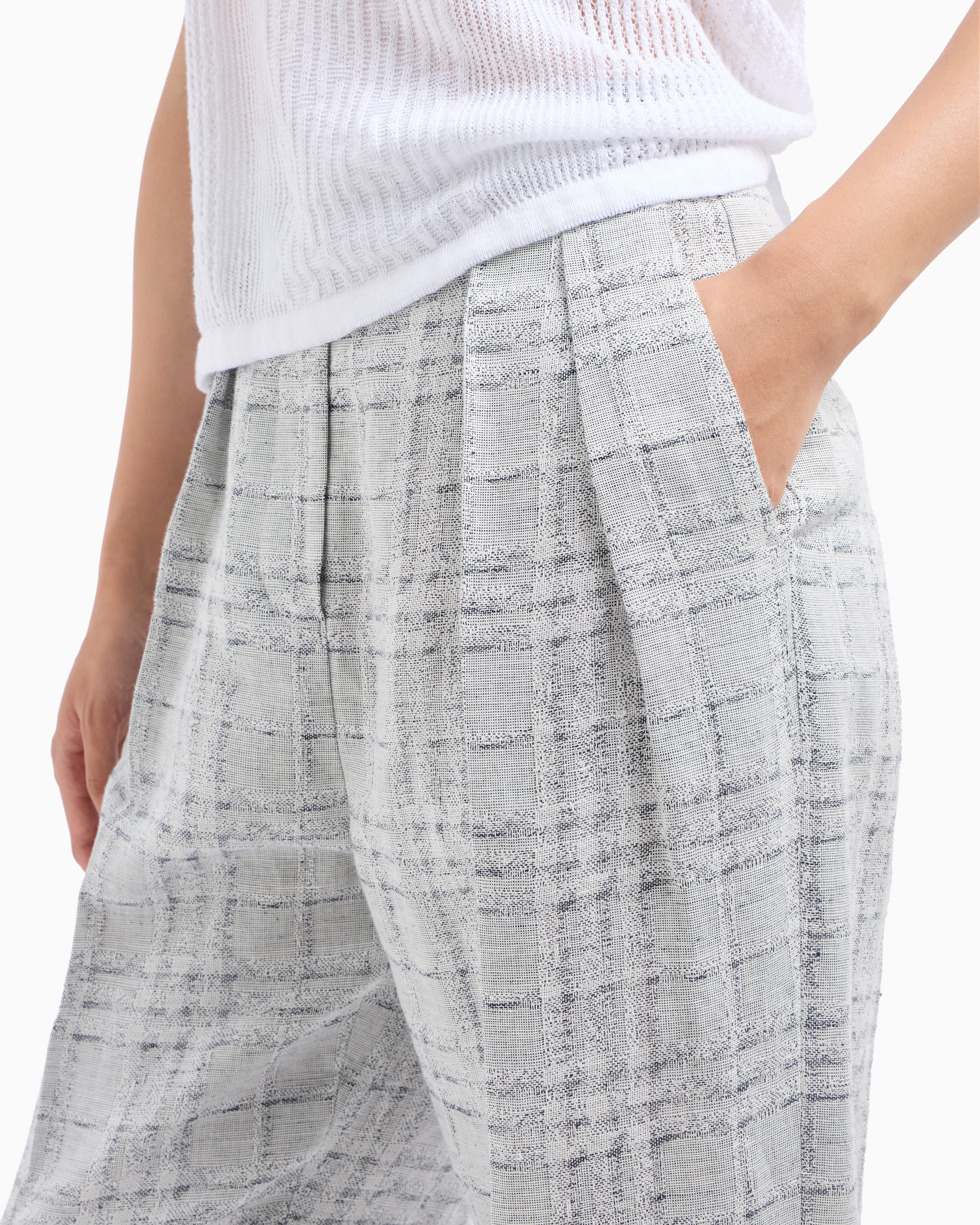 Emporio Armani Icon Check-motif Linen-blend Trousers With Pleats In Grey