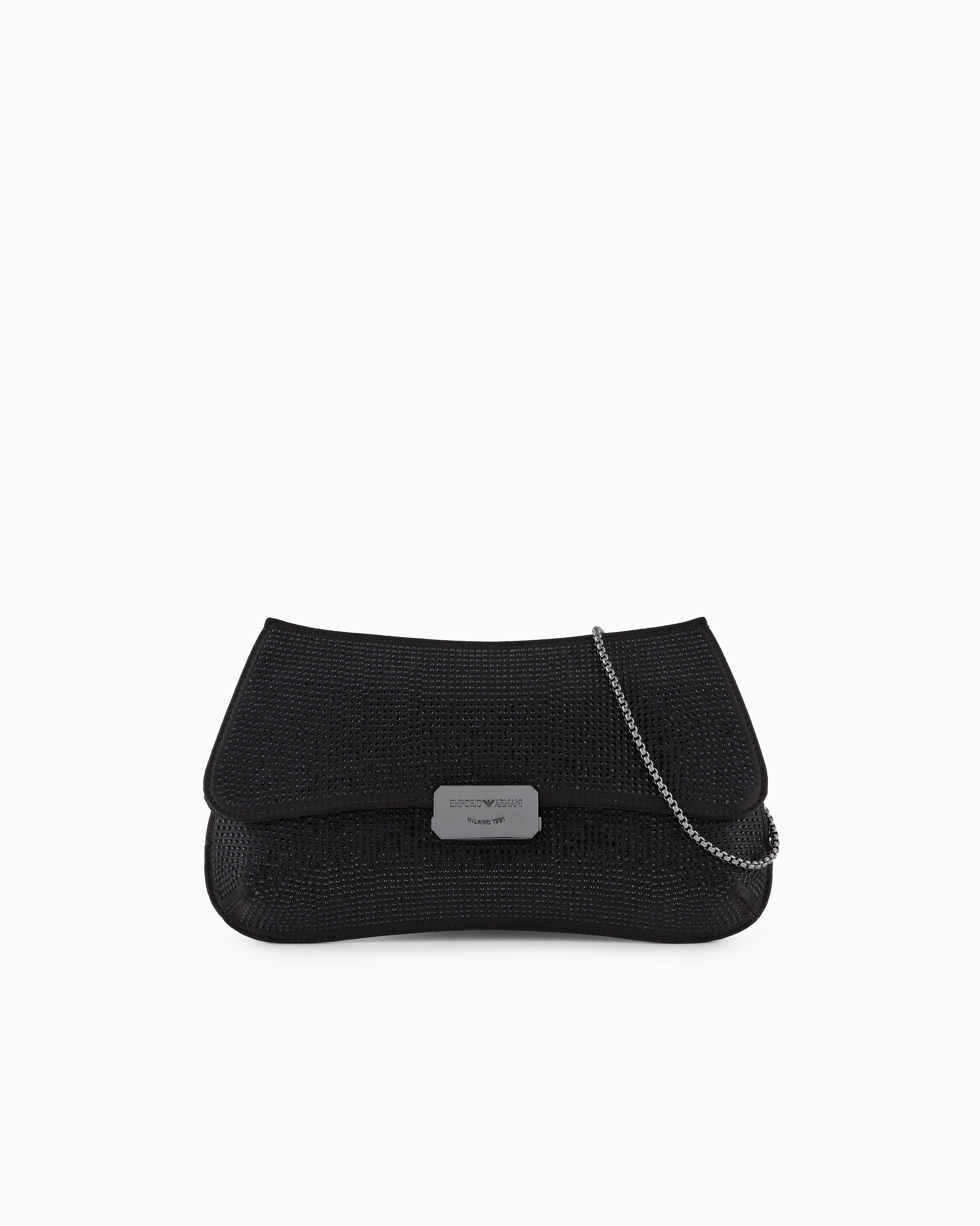 Emporio Armani Official Store Satin Baguette Clutch Bag With Rhinestones And Chain Strap In Noir