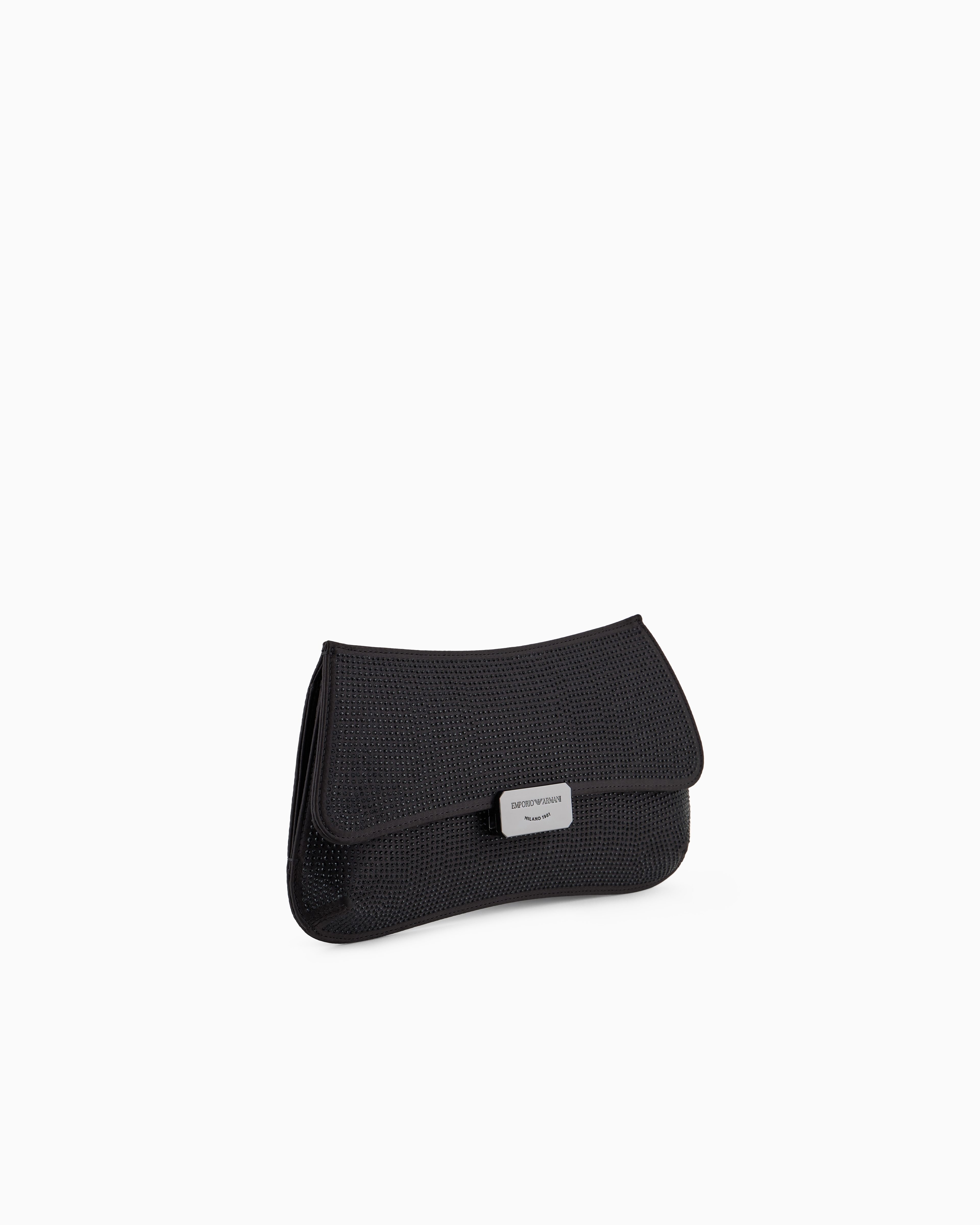 Shop Emporio Armani Satin Baguette Clutch Bag With Rhinestones And Chain Strap In Noir