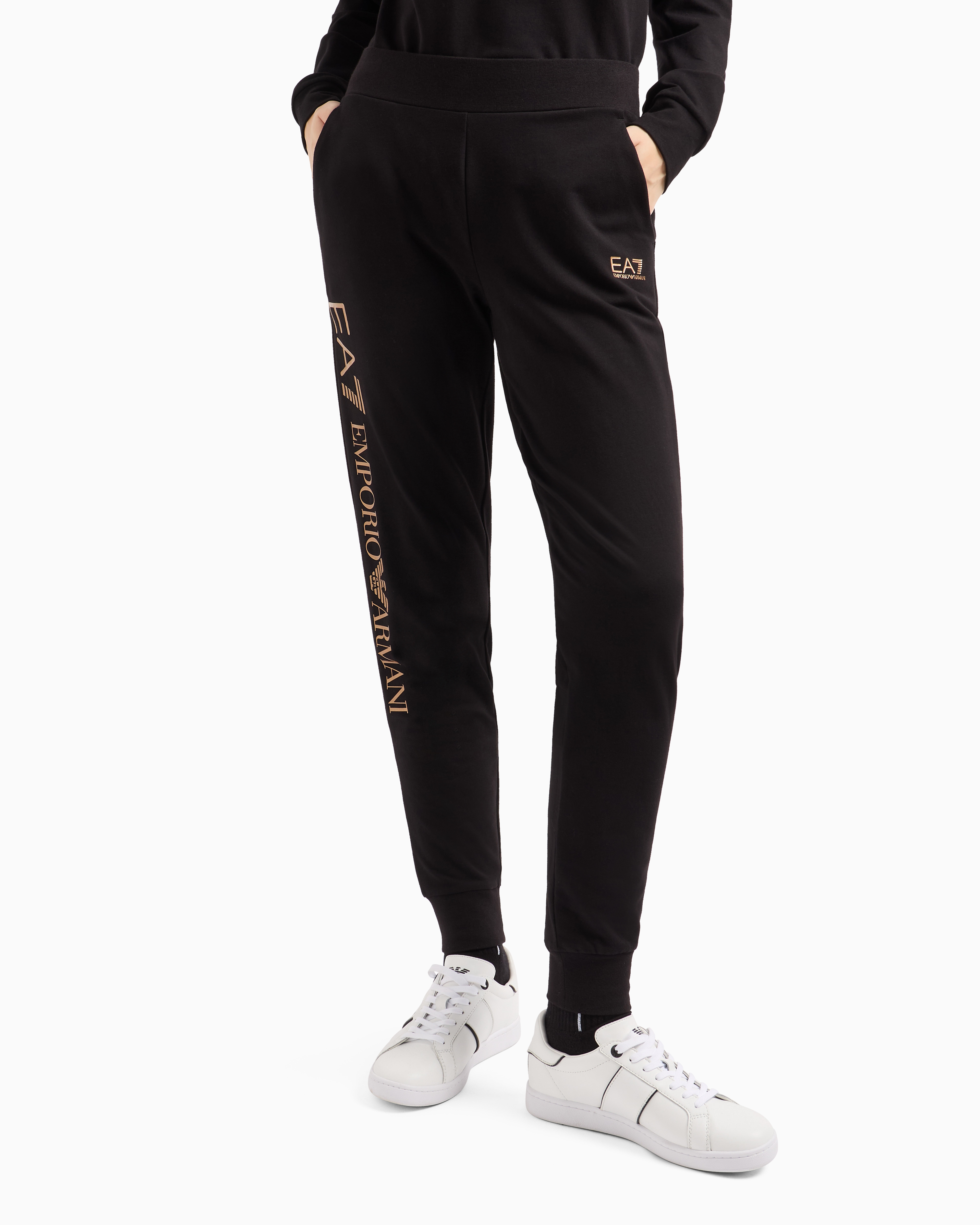 Shop Ea7 Shiny Stretch-cotton Joggers In Schwarz