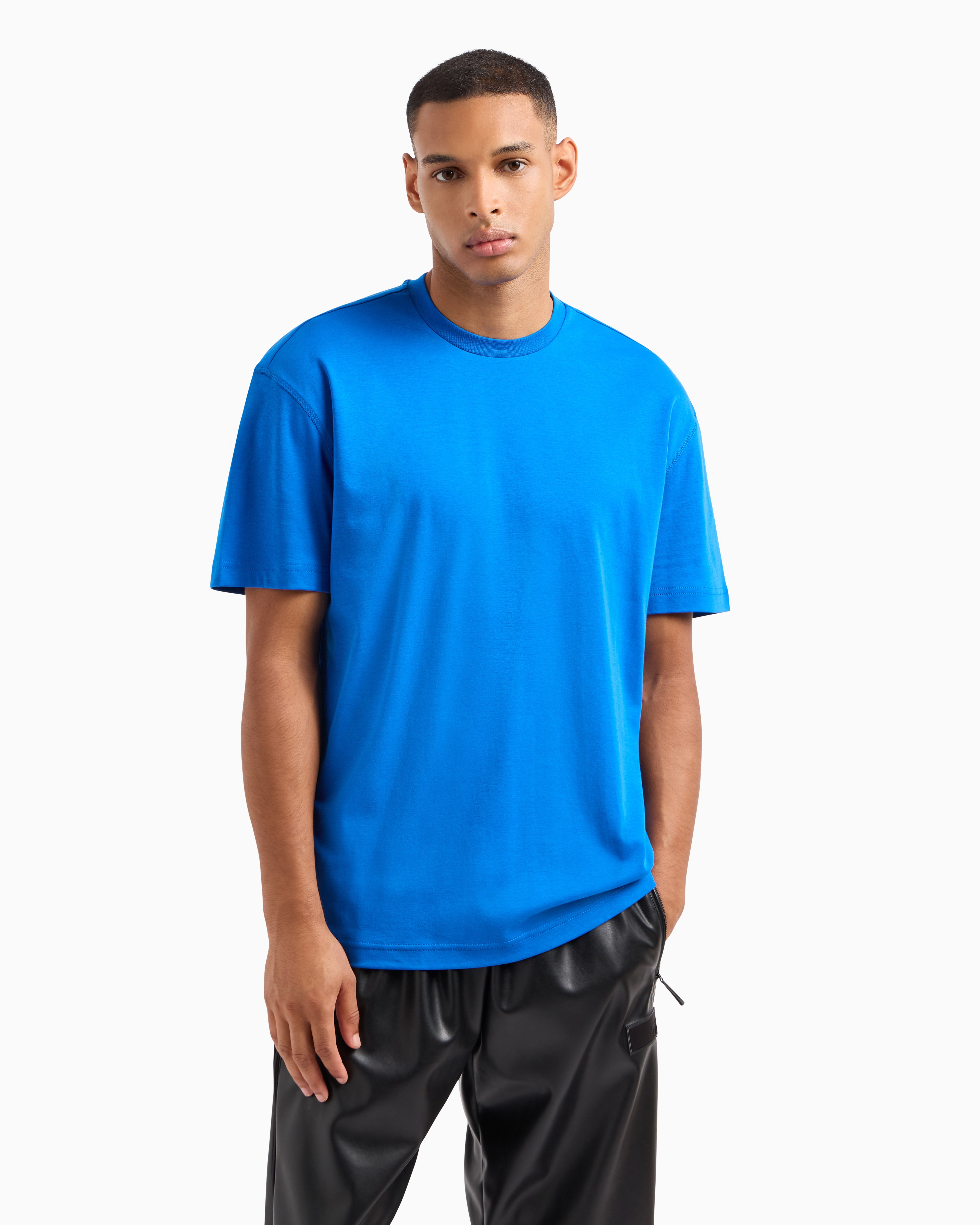 Shop Ea7 Graphic Series Printed Stretch-cotton Crew-neck T-shirt In Blue