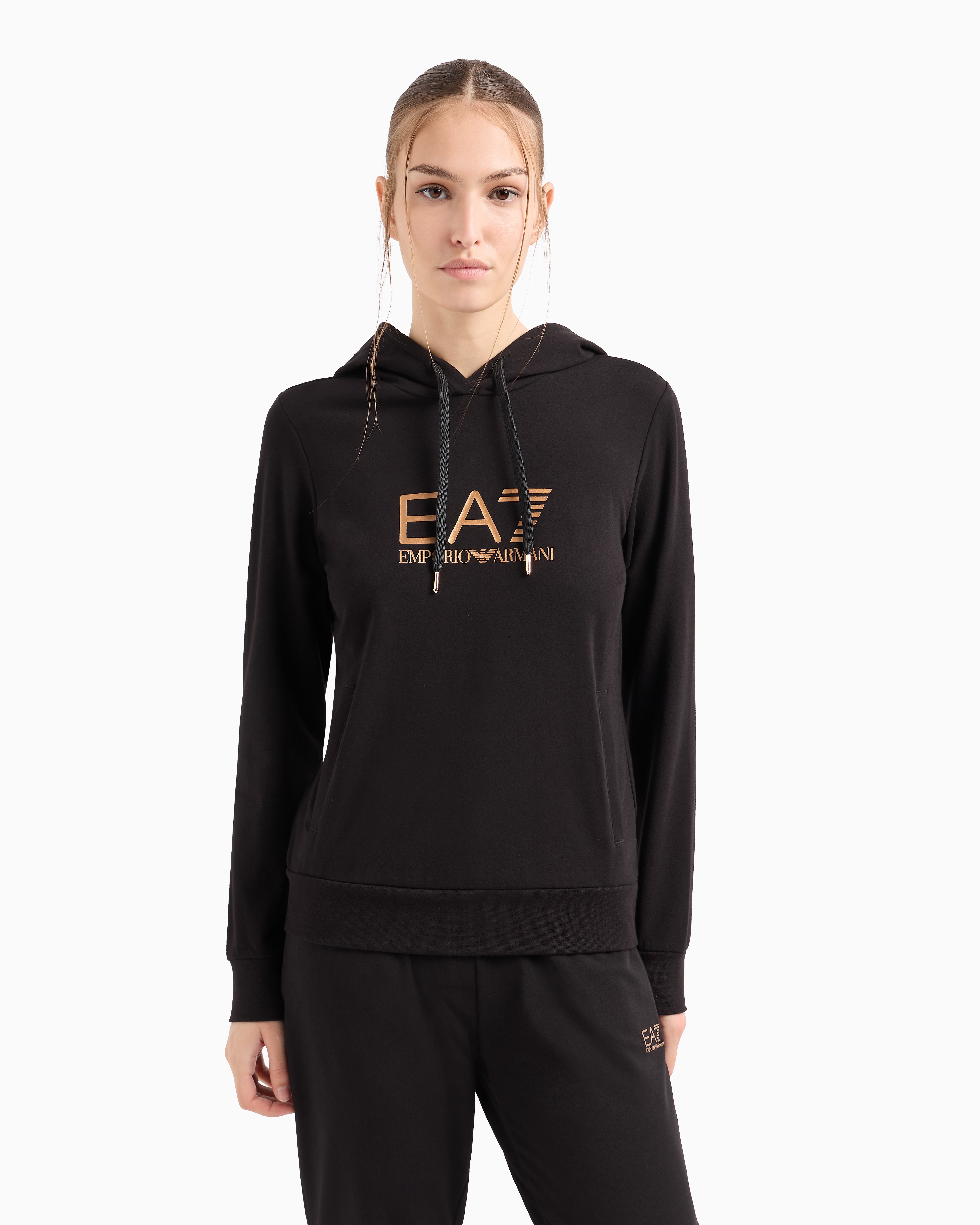 Shop Ea7 Shiny Stretch-cotton Hooded Sweatshirt In Deep Black