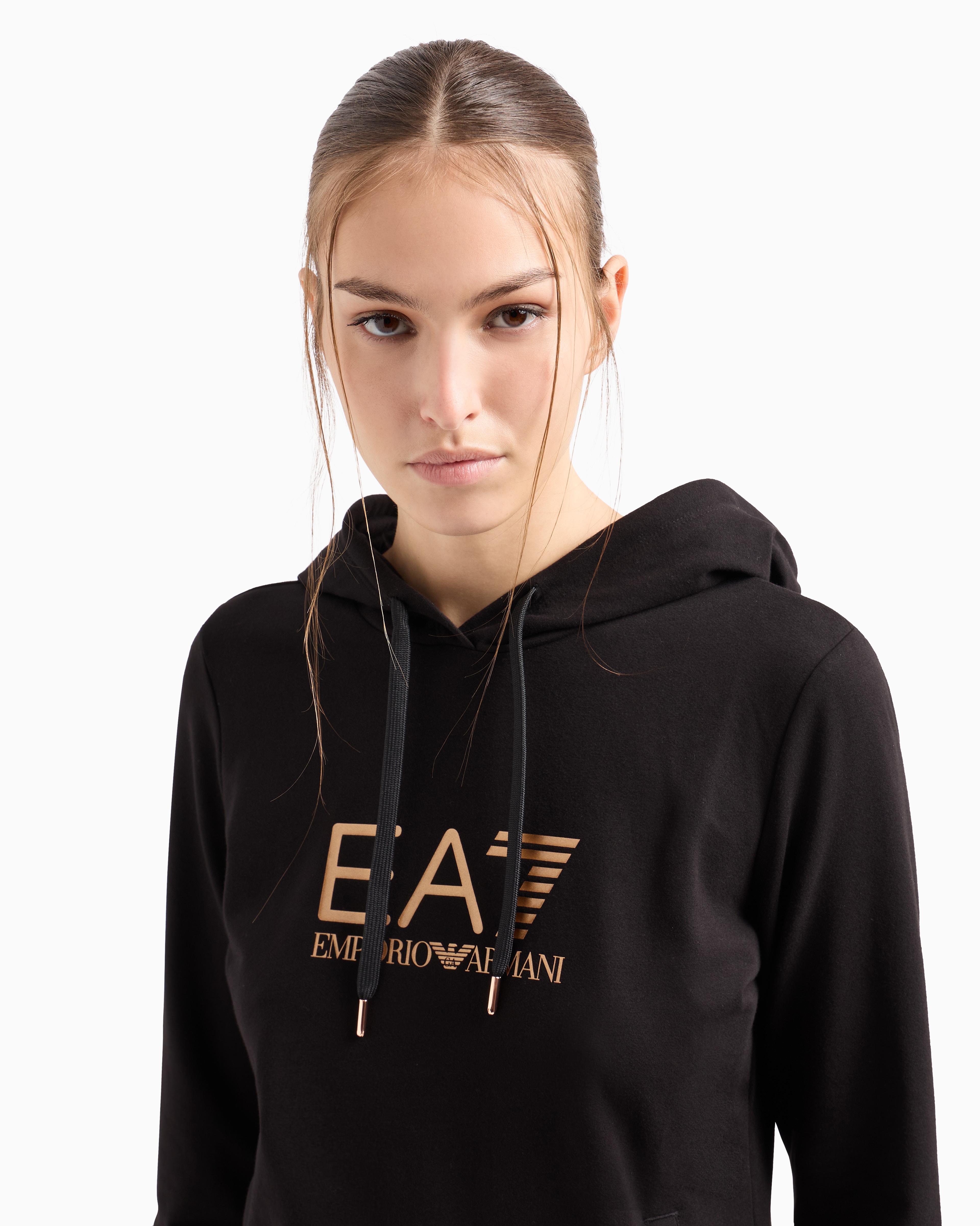 Shop Ea7 Shiny Stretch-cotton Hooded Sweatshirt In Deep Black