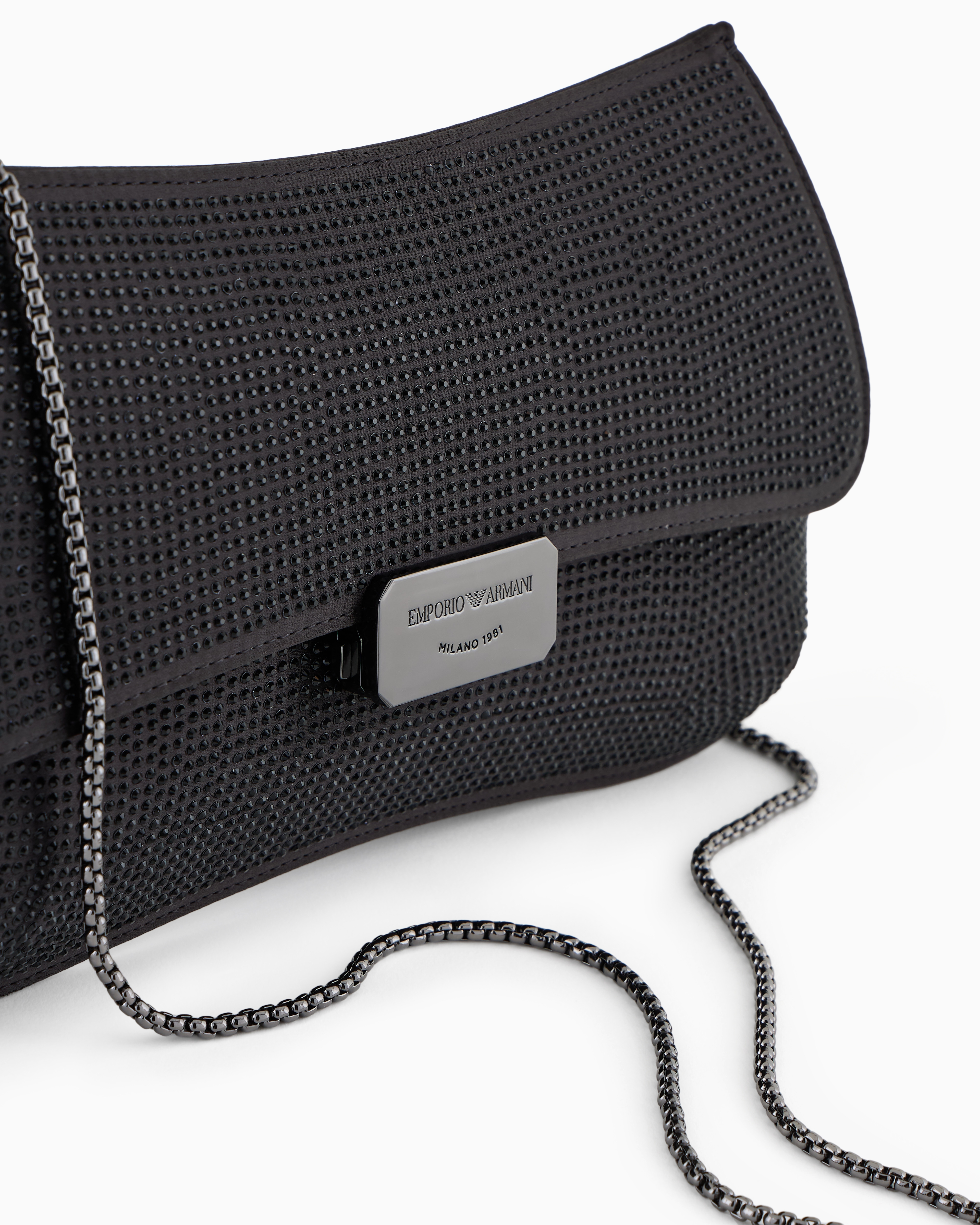 Shop Emporio Armani Satin Baguette Clutch Bag With Rhinestones And Chain Strap In Noir