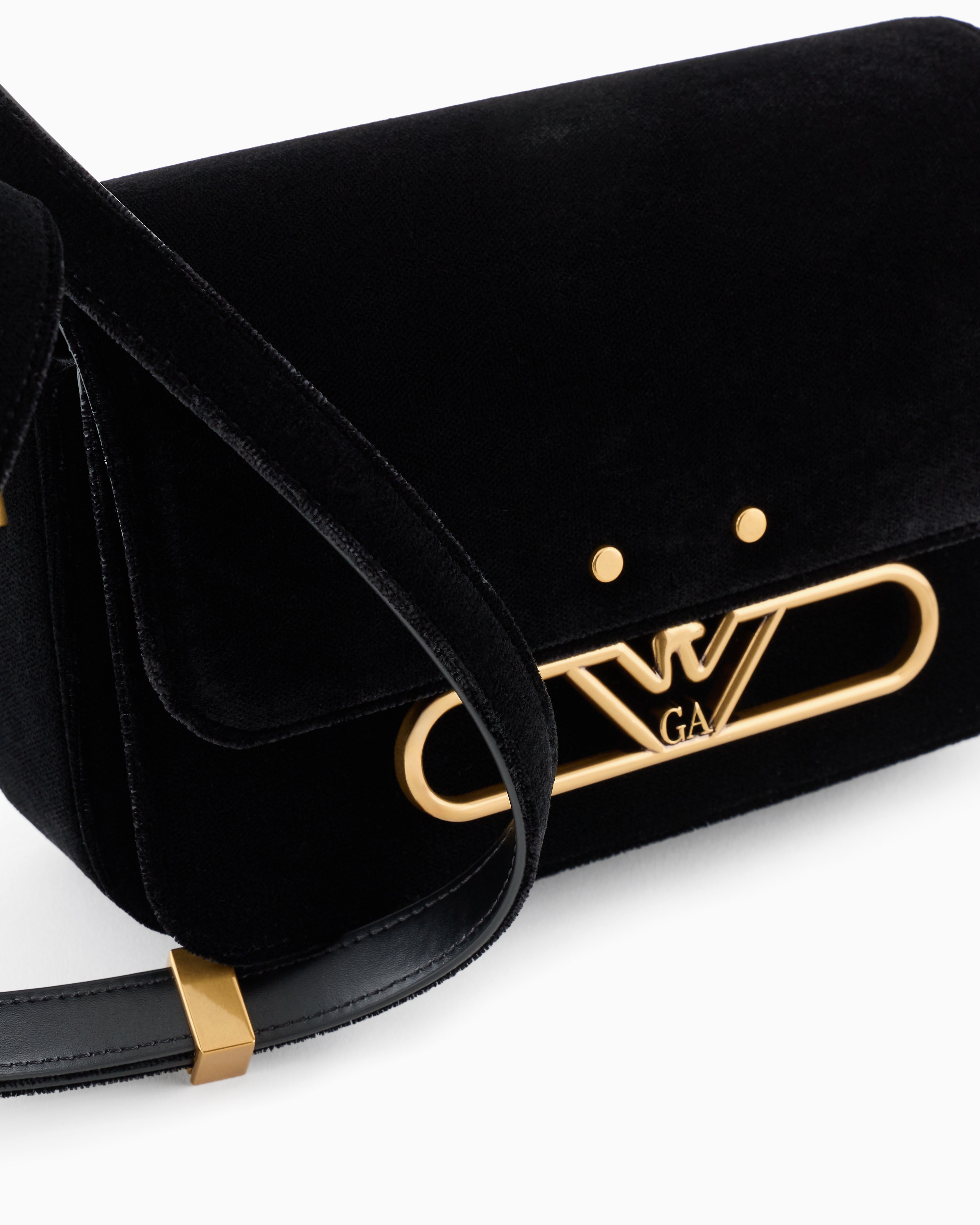 Shop Emporio Armani Velvet Shoulder Bag With Metal Eagle Logo In Noir