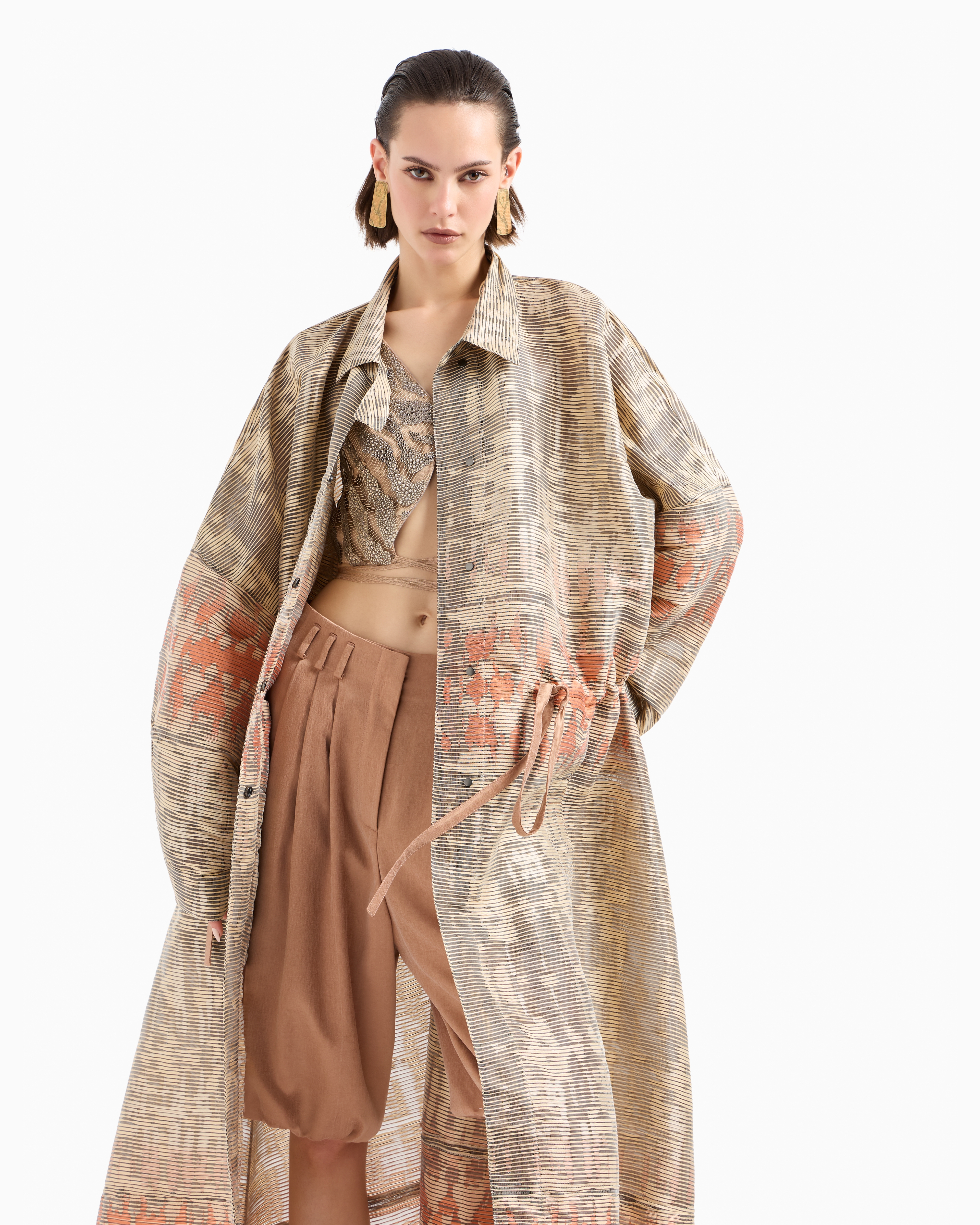 Giorgio Armani Silk-blend Jacquard Canneté Long Overcoat In Neutral