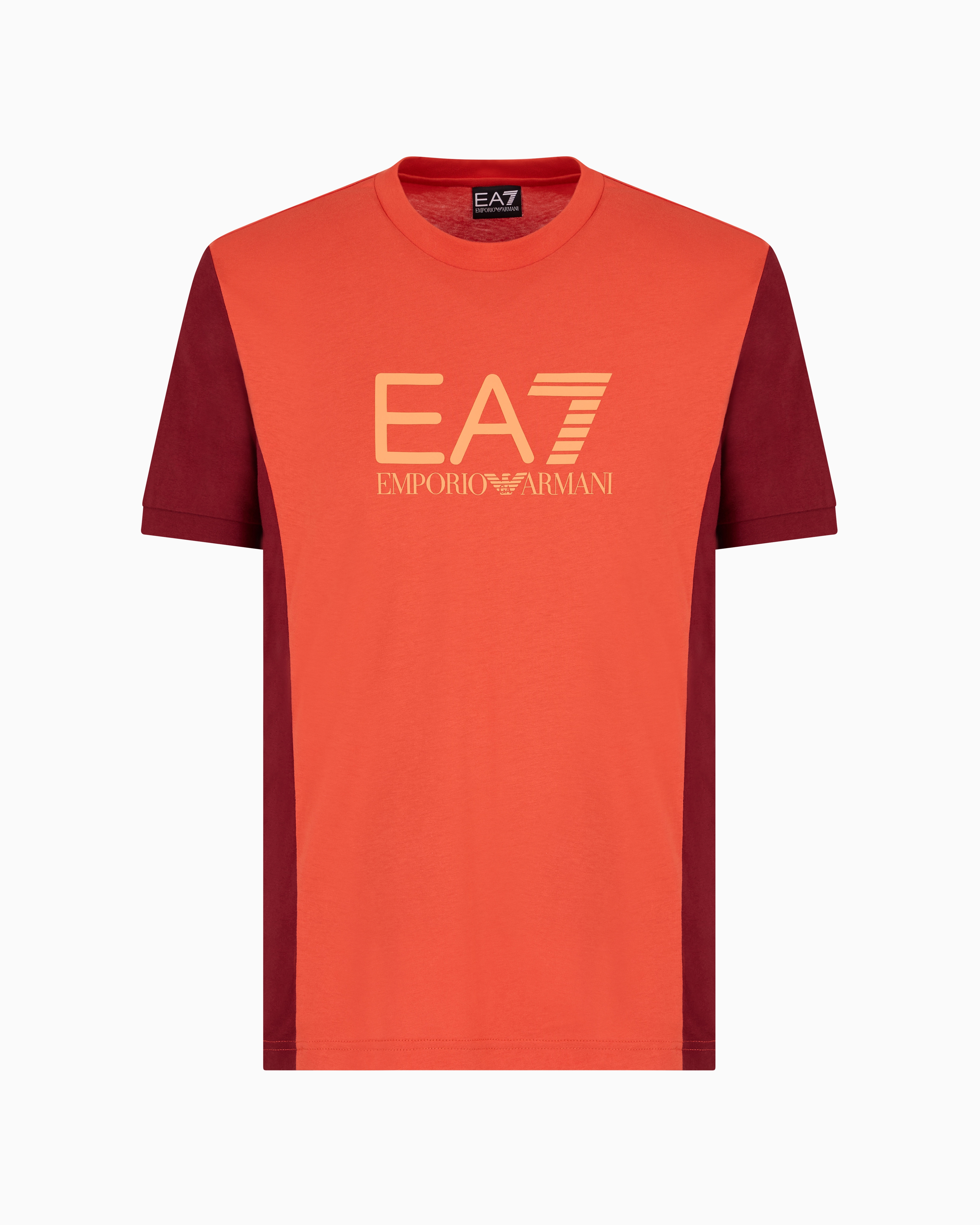 Ea7 Athletic Colour Block Short-sleeved Cotton Crew-neck T-shirt In Orange