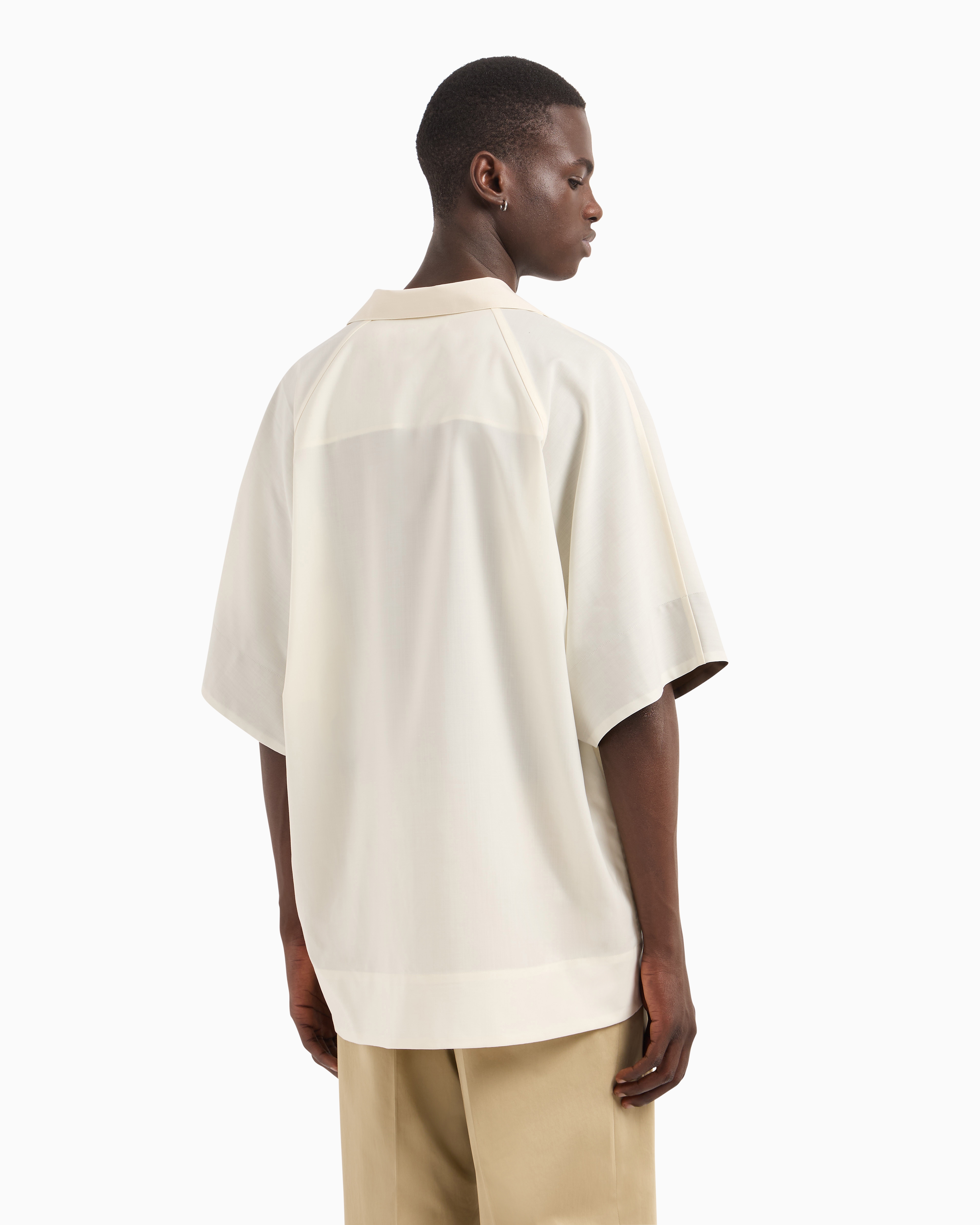 Emporio Armani Light Wool Short Sleeved Oversized Fit Button Up Shirt In Weiss