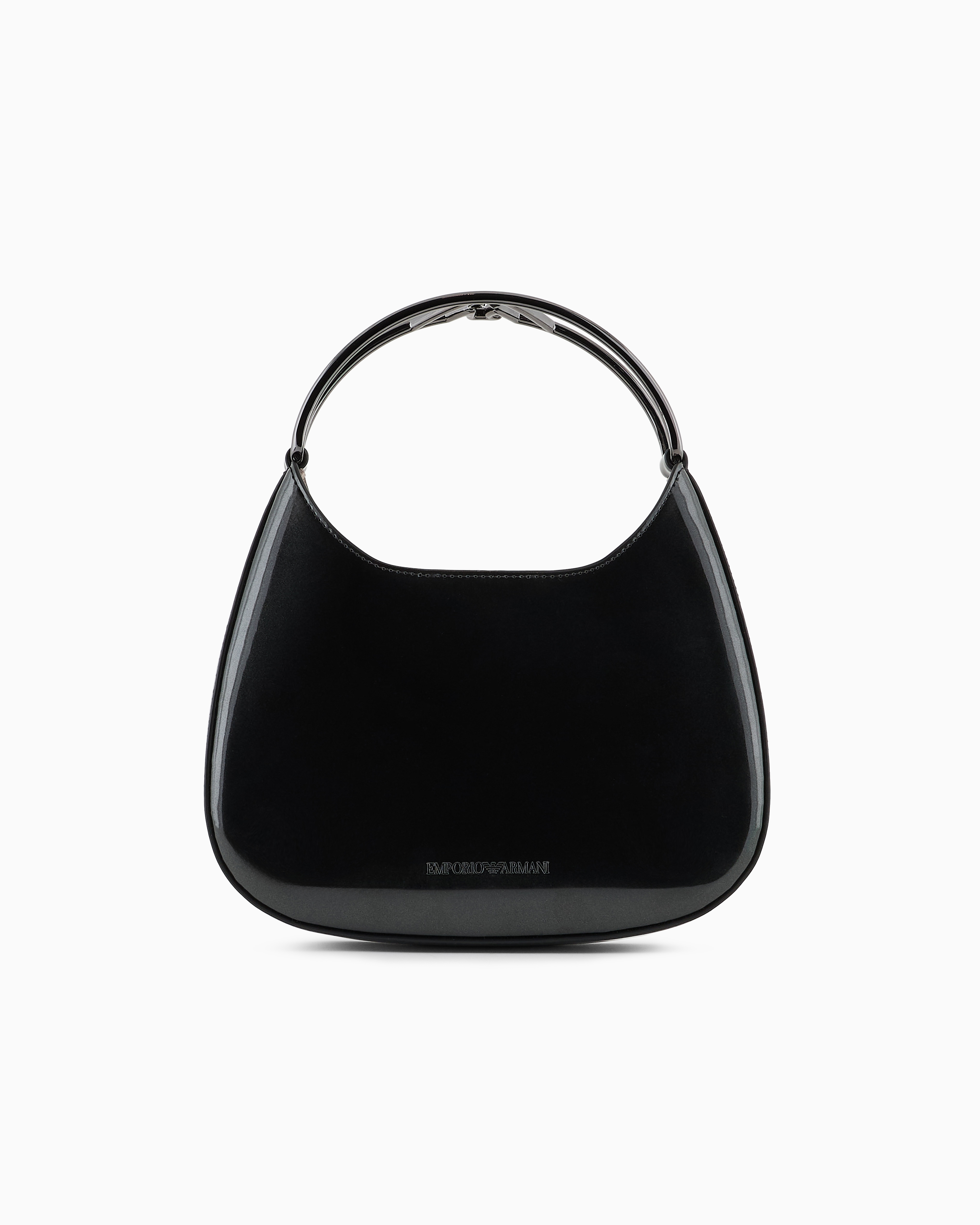 Emporio Armani Official Store Small Hobo Bag In Patent Leather With Logo Metal Handle In Black