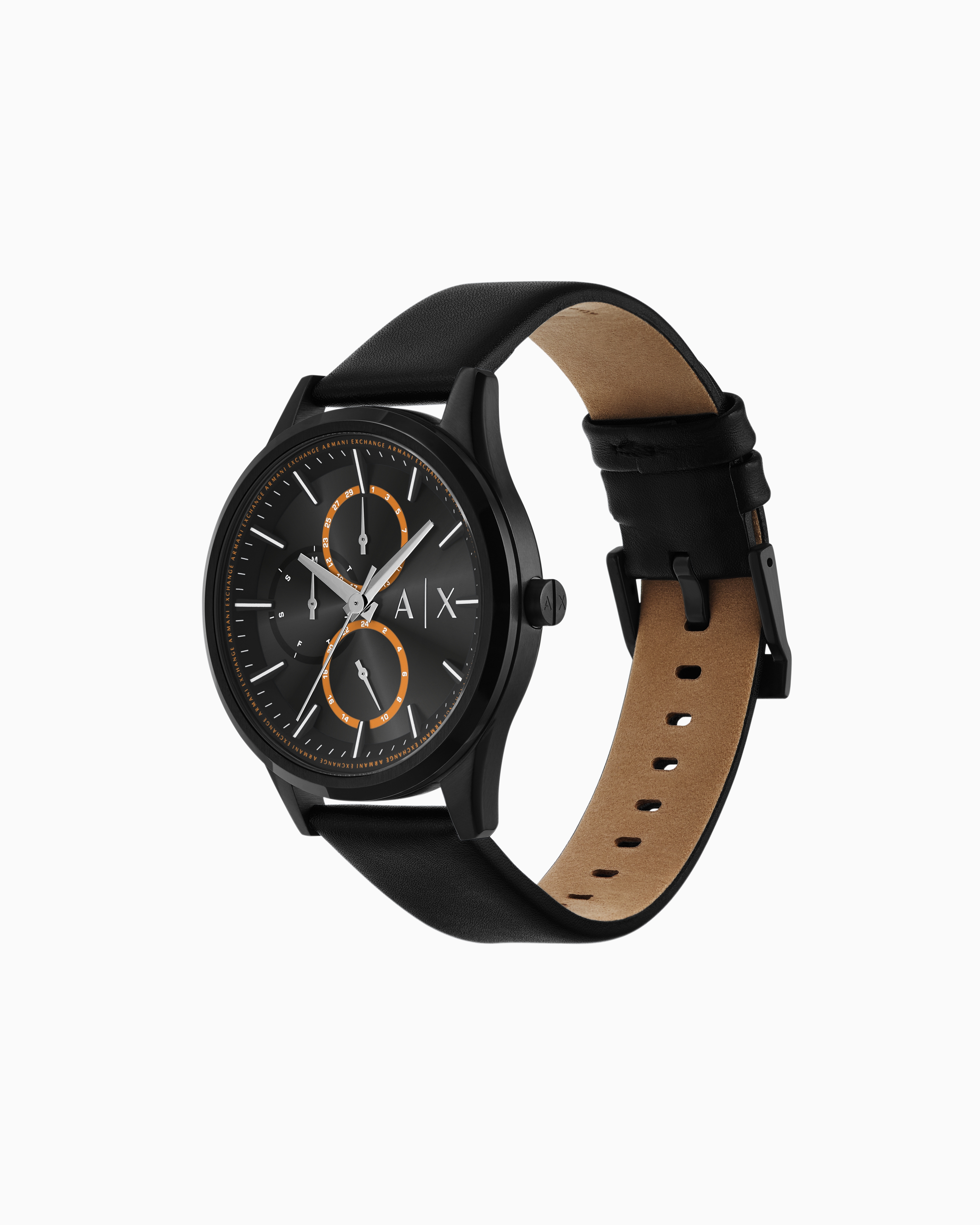 Armani Exchange Multifunction Black Leather Watch In Multicolore