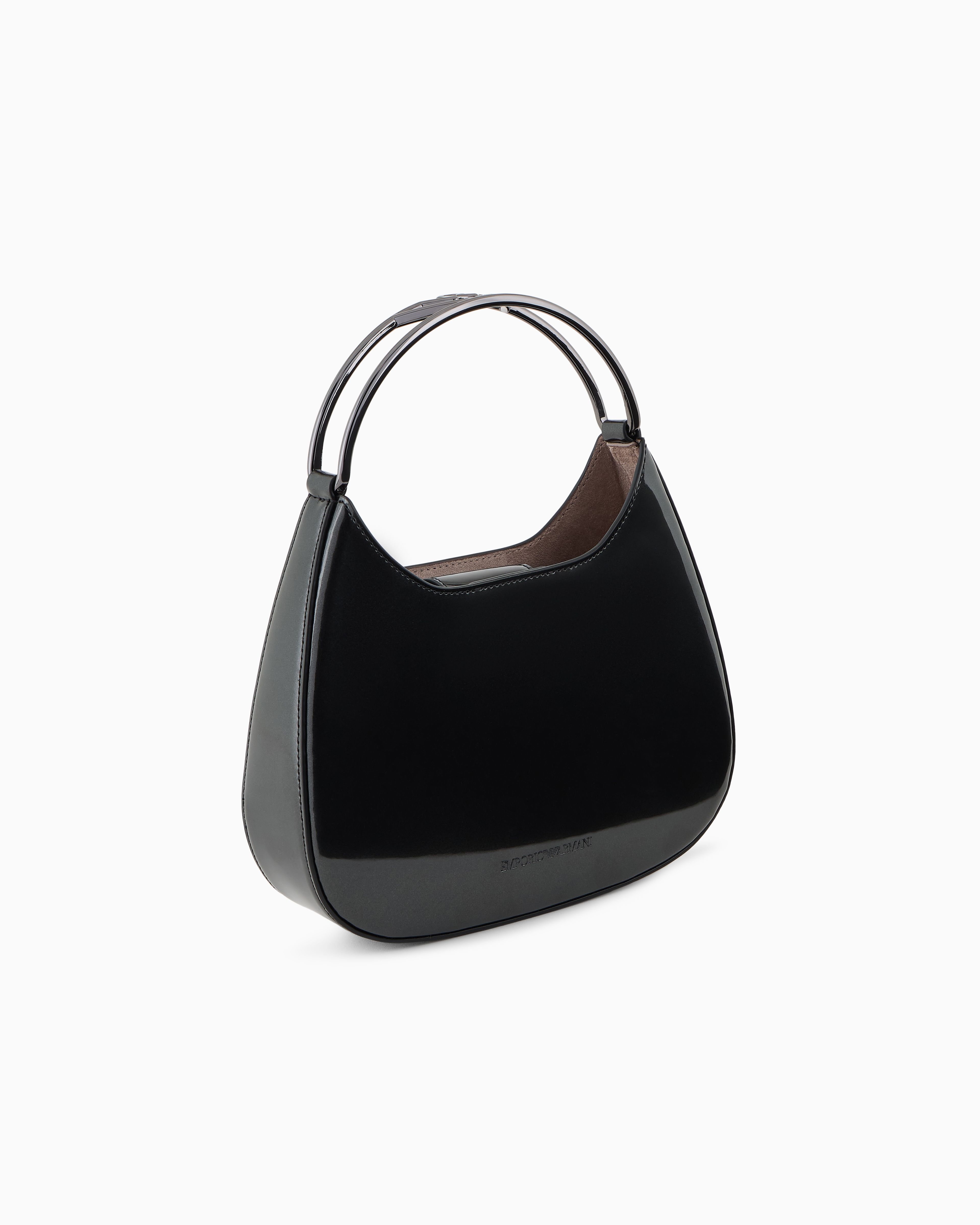 Emporio Armani Official Store Small Hobo Bag In Patent Leather With Logo Metal Handle In Black