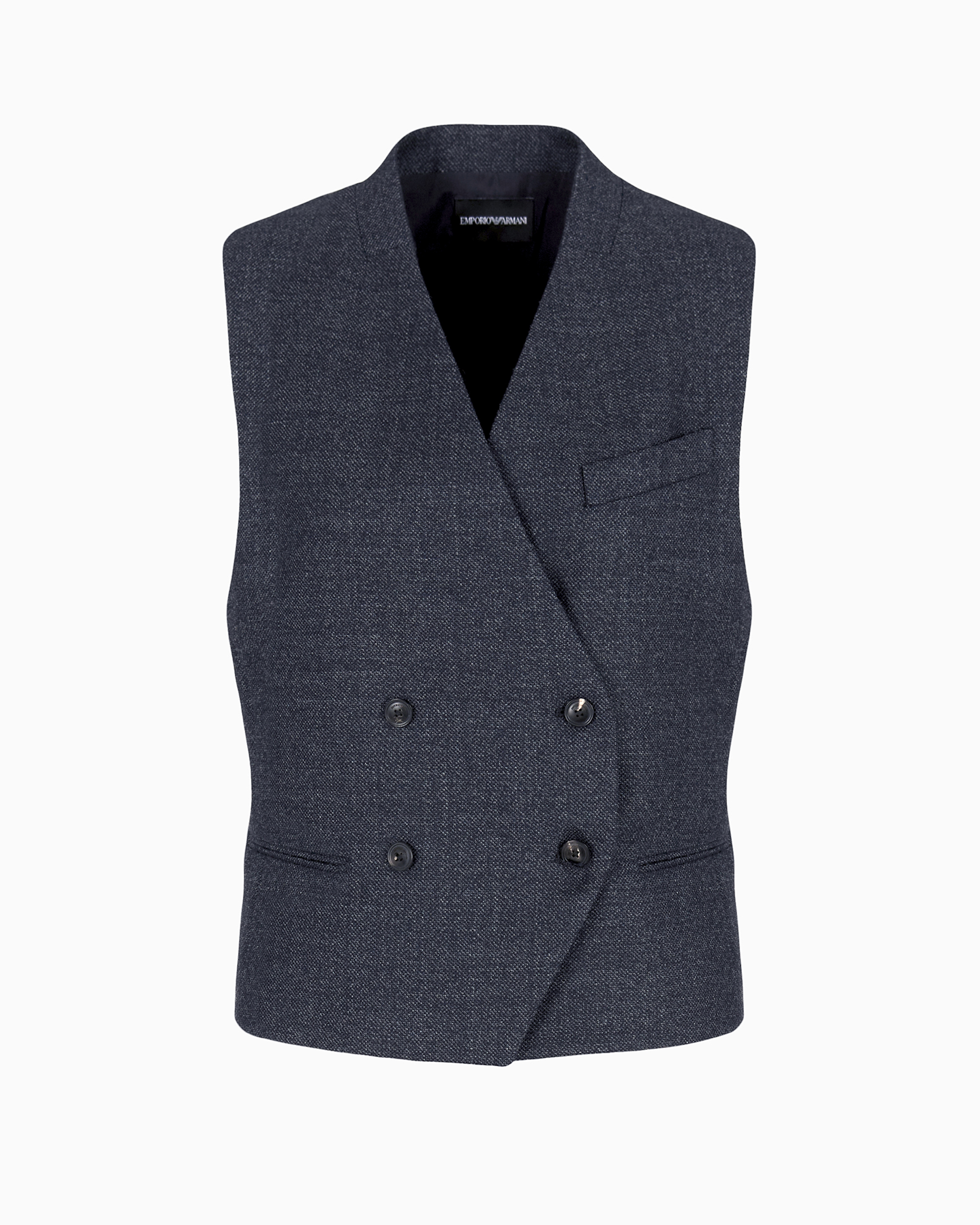 Emporio Armani Double-breasted Waistcoat In Compact Mouliné-wool Grisaille In Blue