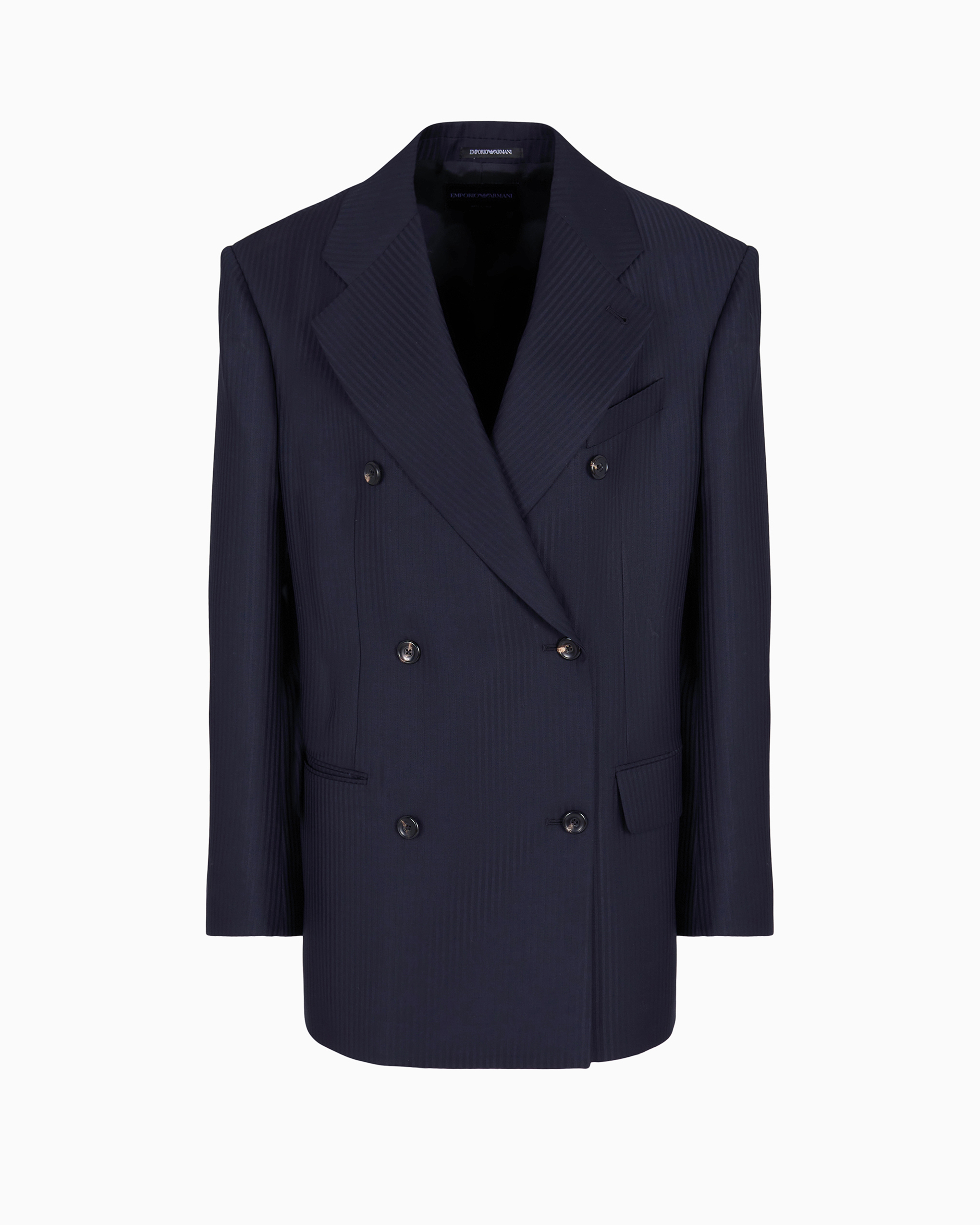 Emporio Armani Double-breasted Blazer In Wool Satin With Alternating Stripes In Bleu Marine