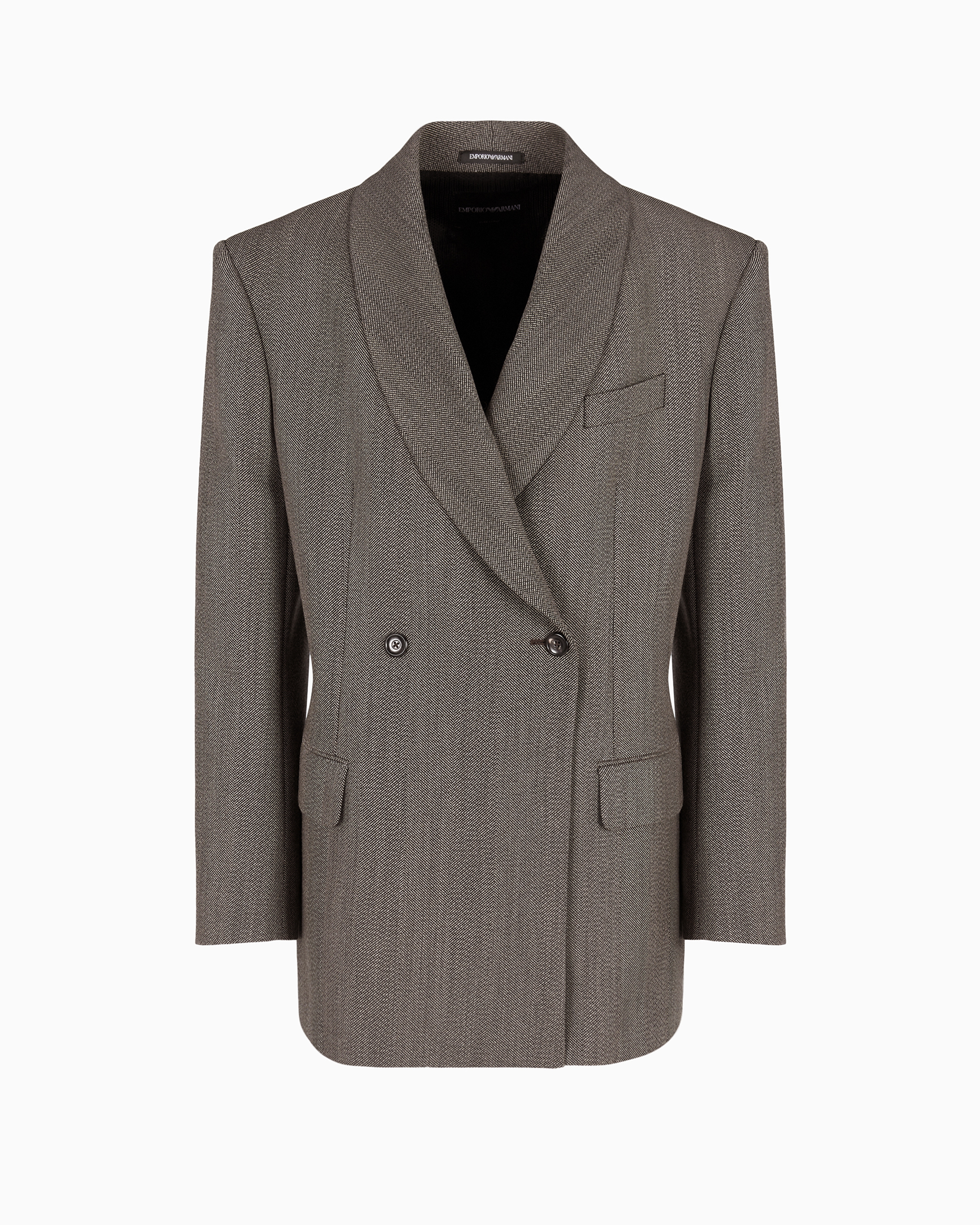 EMPORIO ARMANI MOULINÉ WOOL-BLEND CHEVRON MOTIF DOUBLE-BREASTED BLAZER WITH SHAWL COLLAR 