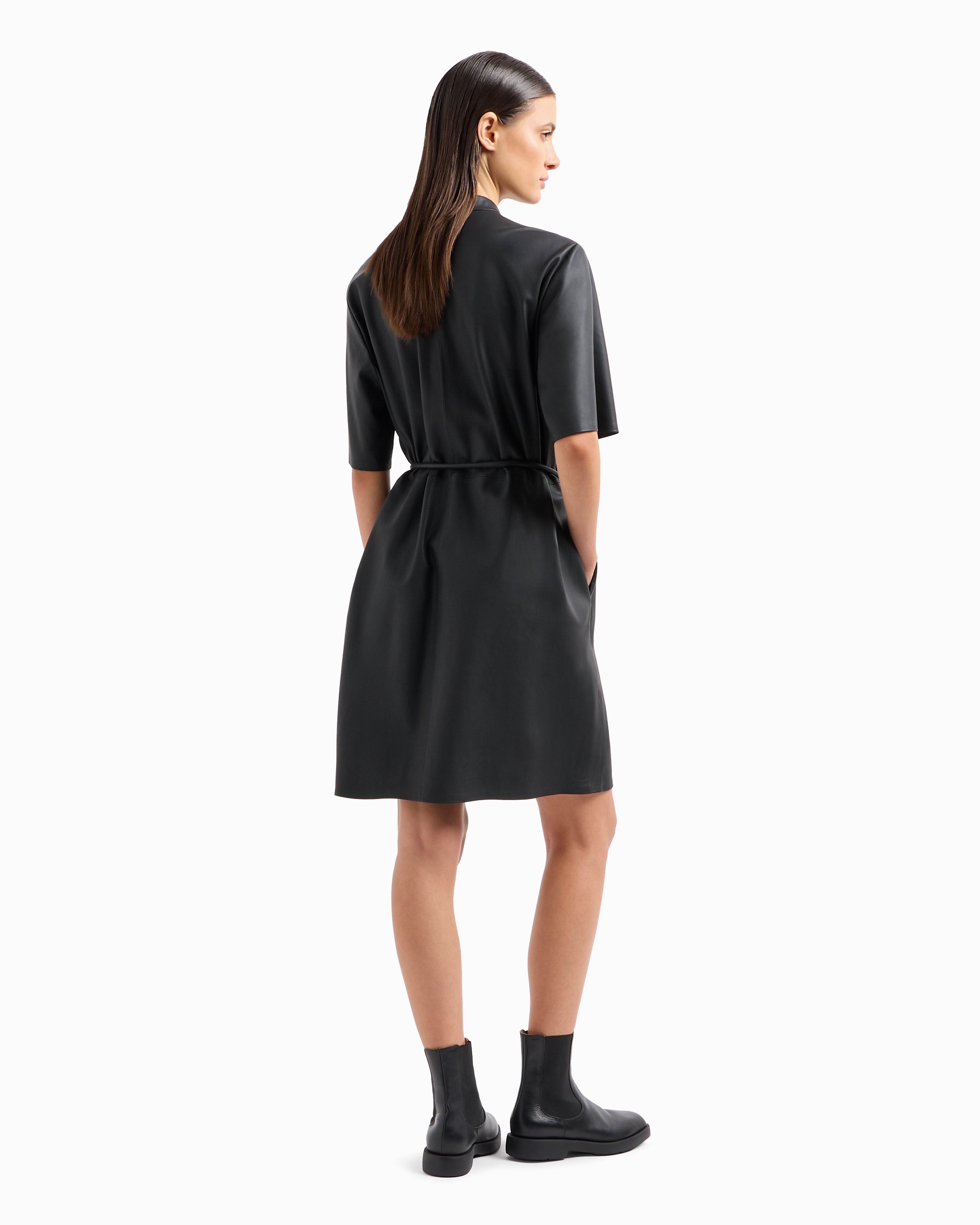 Emporio Armani Official Store Short-sleeved Dress In Semi-aniline Lambskin Nappa Leather With A Belt In Noir