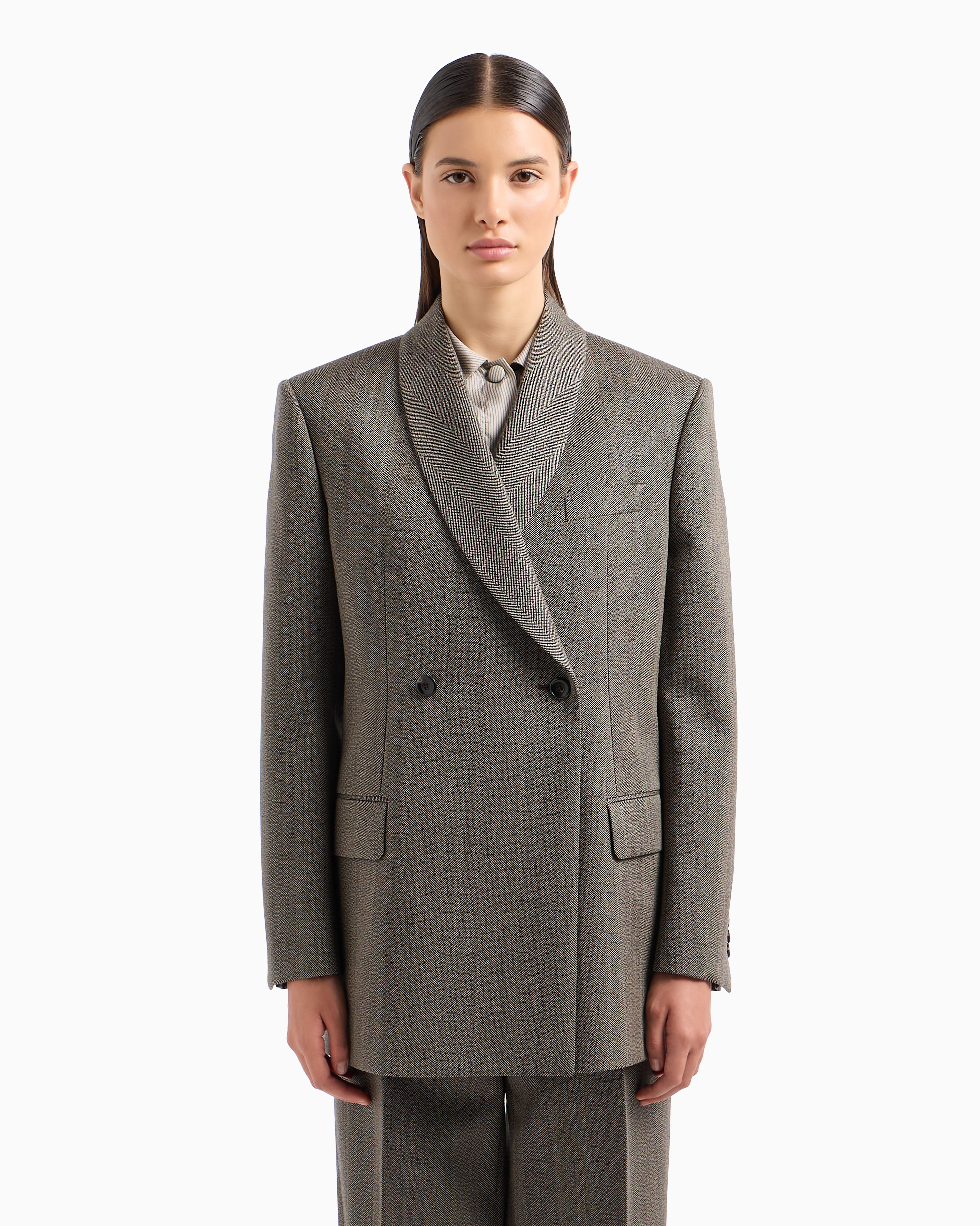 EMPORIO ARMANI MOULINÉ WOOL-BLEND CHEVRON MOTIF DOUBLE-BREASTED BLAZER WITH SHAWL COLLAR 