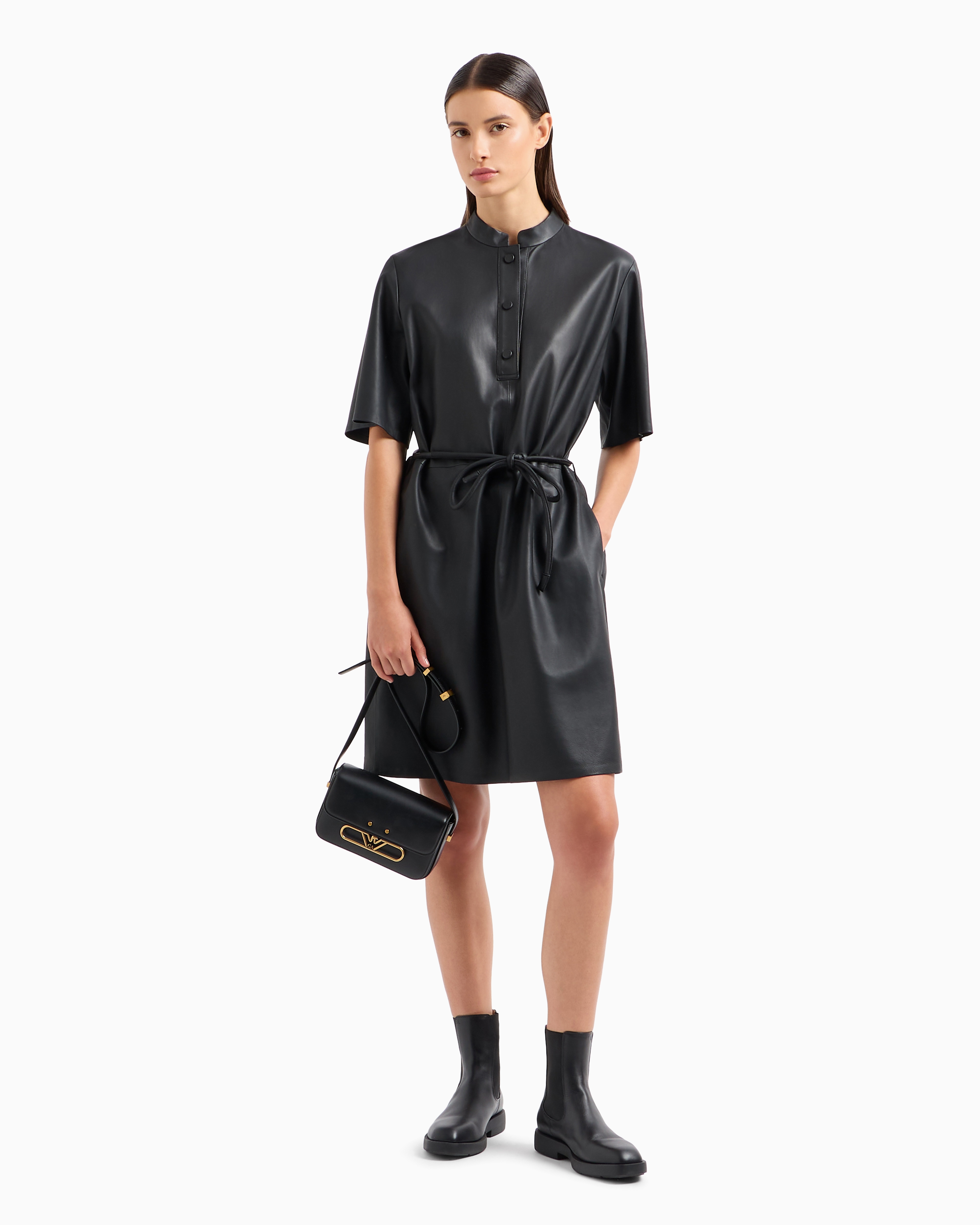 Emporio Armani Official Store Short-sleeved Dress In Semi-aniline Lambskin Nappa Leather With A Belt In Noir