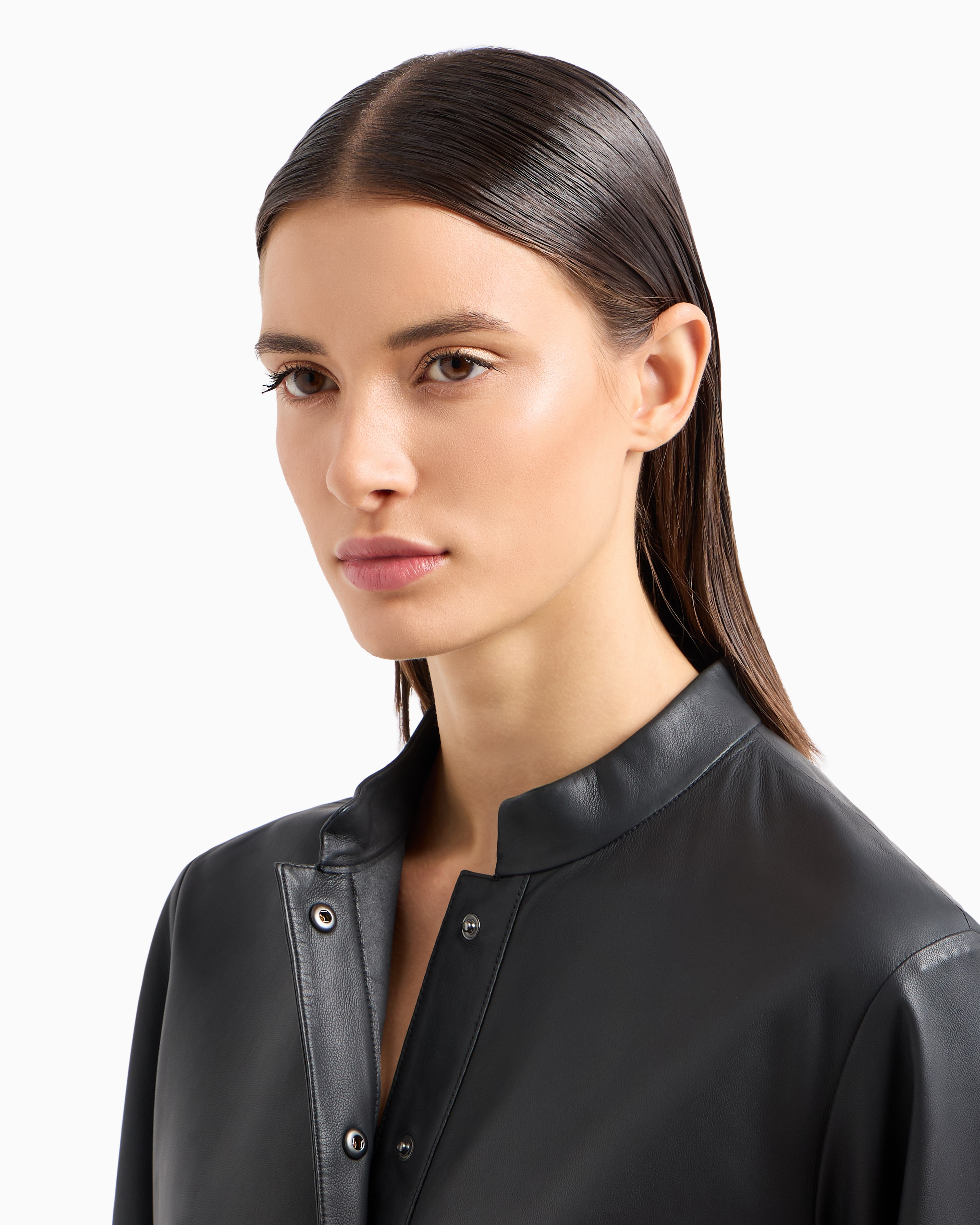 Emporio Armani Official Store Short-sleeved Dress In Semi-aniline Lambskin Nappa Leather With A Belt In Noir
