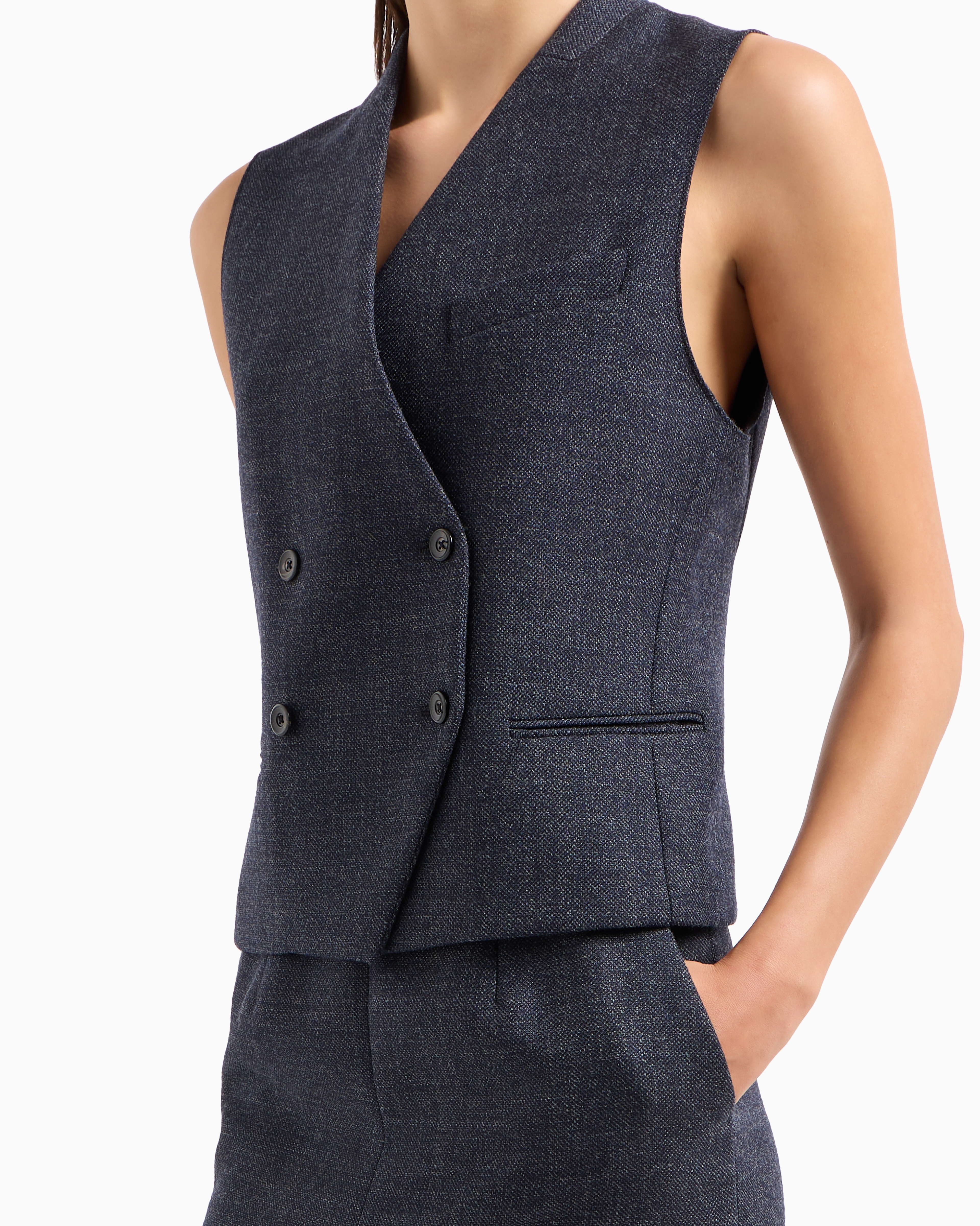 Emporio Armani Double-breasted Waistcoat In Compact Mouliné-wool Grisaille In Blue