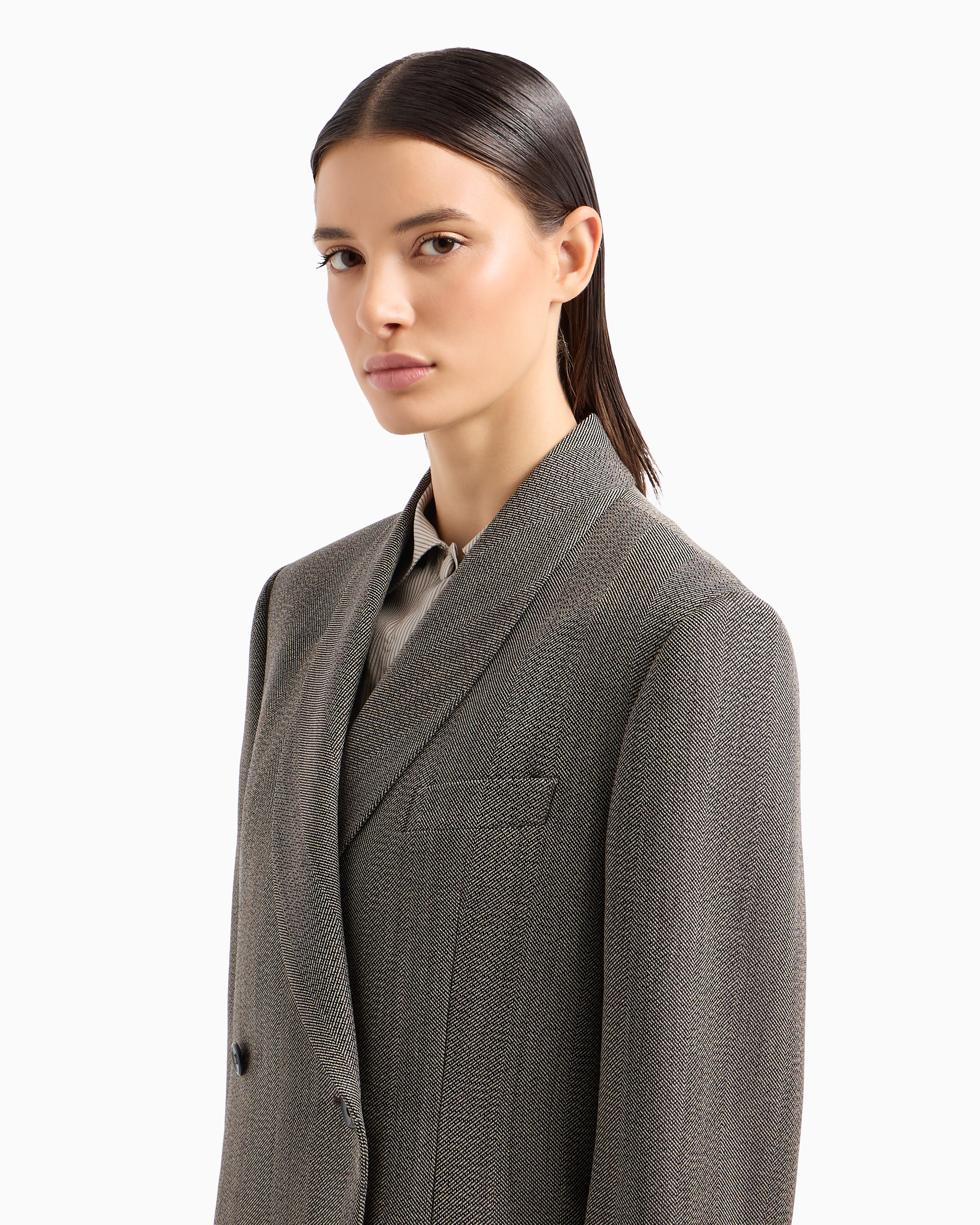 EMPORIO ARMANI MOULINÉ WOOL-BLEND CHEVRON MOTIF DOUBLE-BREASTED BLAZER WITH SHAWL COLLAR 