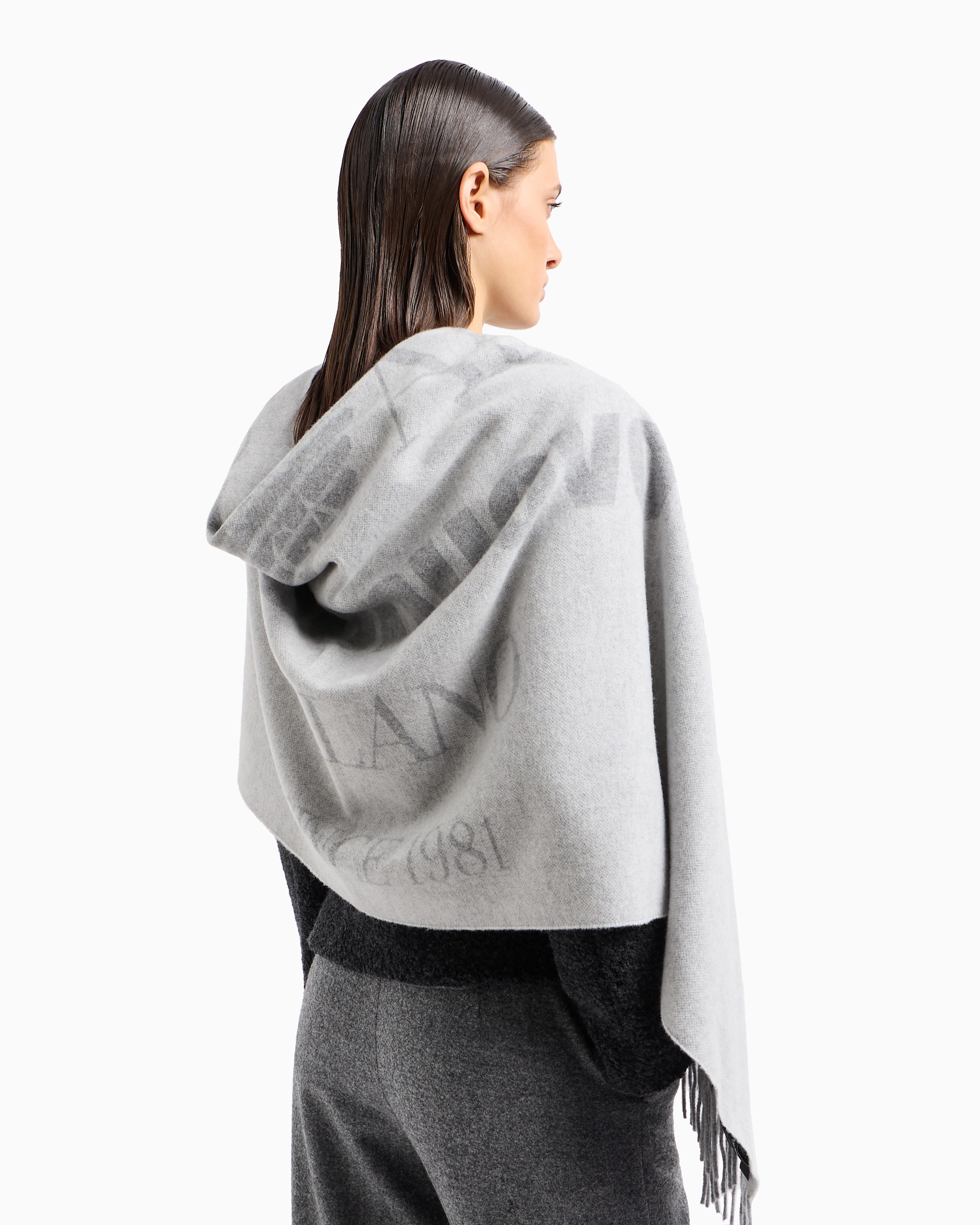 Shop Emporio Armani Double-faced Oversized Wool Scarf With Jacquard Logo In Grey