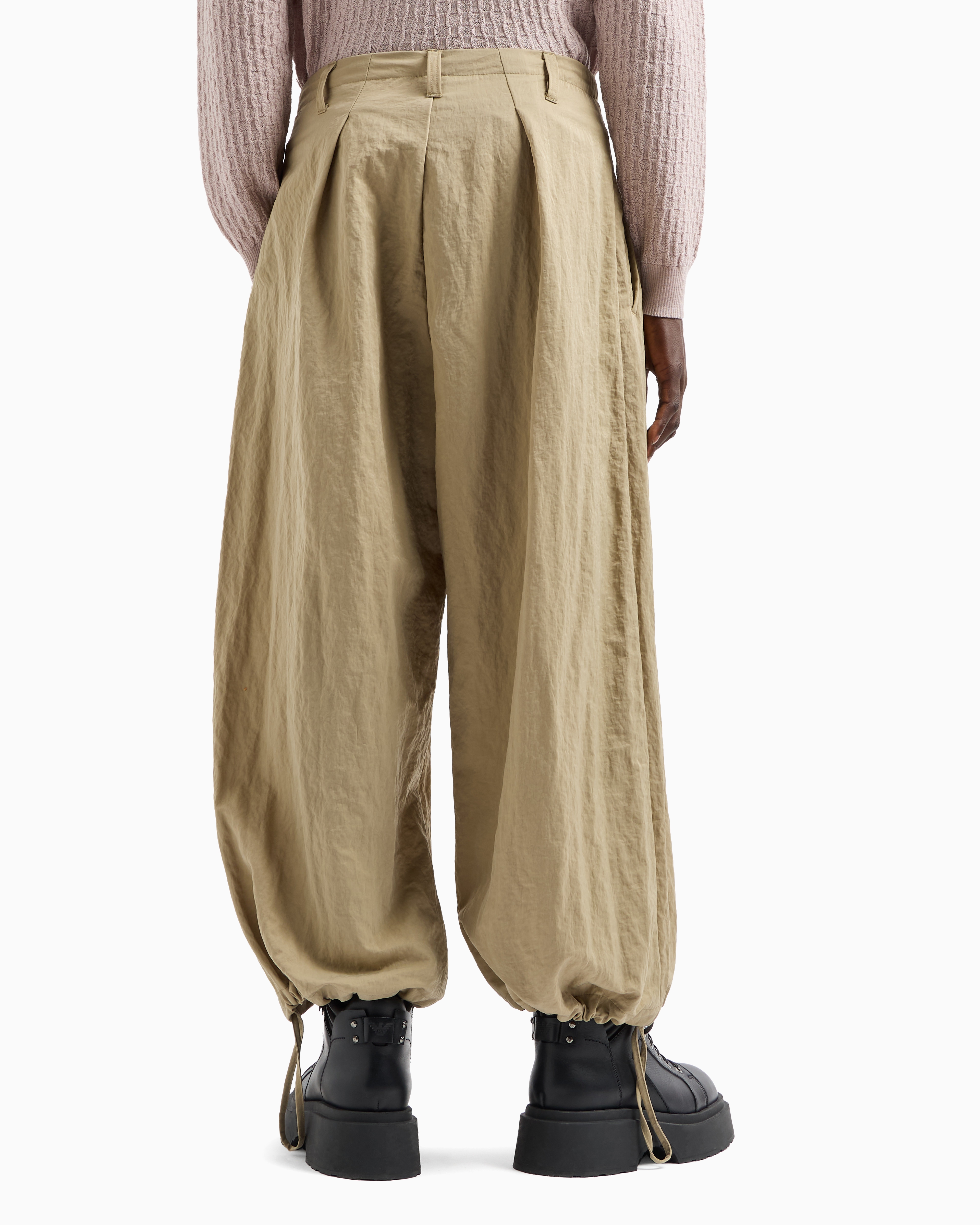 Shop Emporio Armani Wide Trousers In Technical Fabric With Drawstring At The Hem In Beige