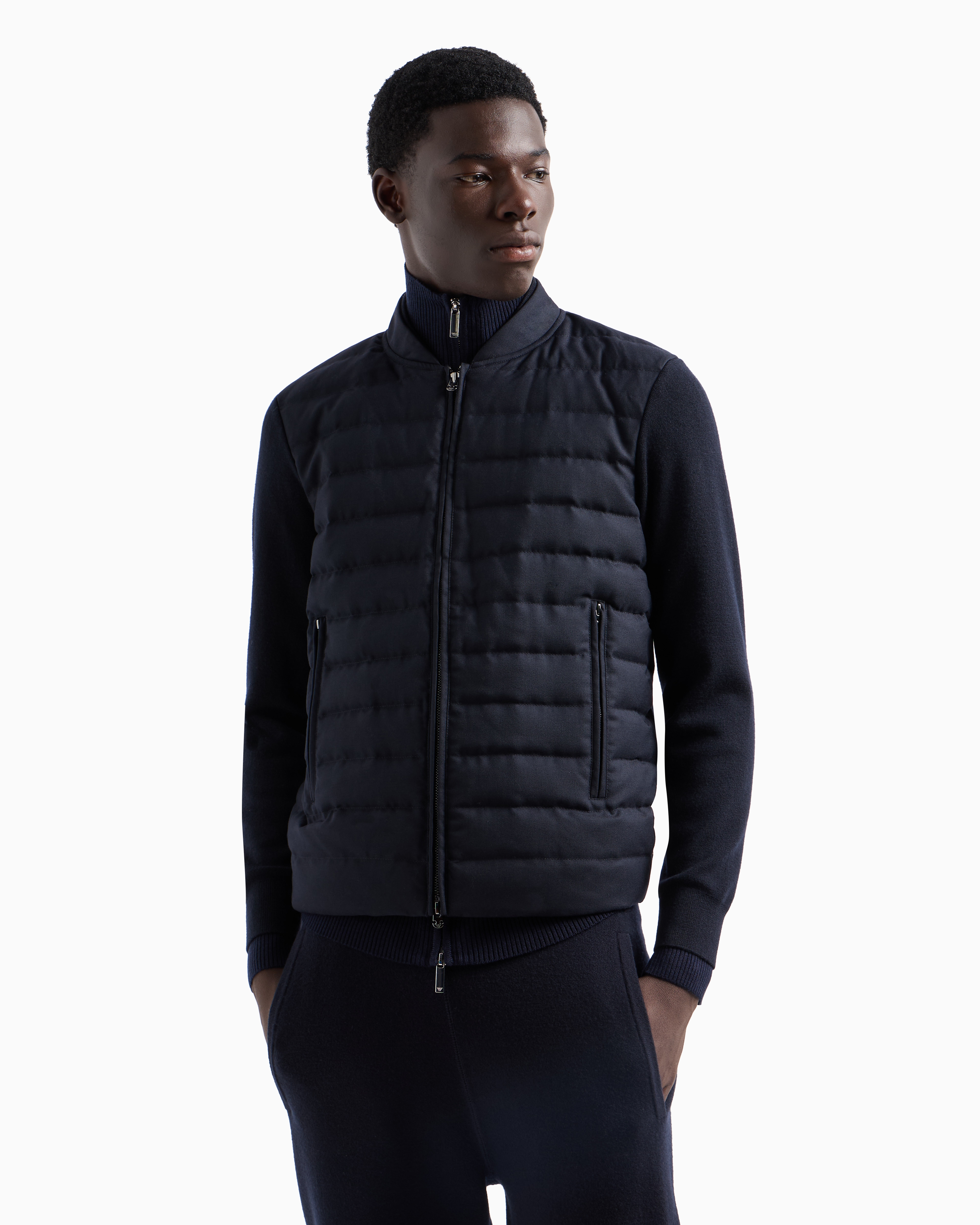 Shop Emporio Armani Travel Essential Knit Blouson With Quilted Insert In Navy Blue