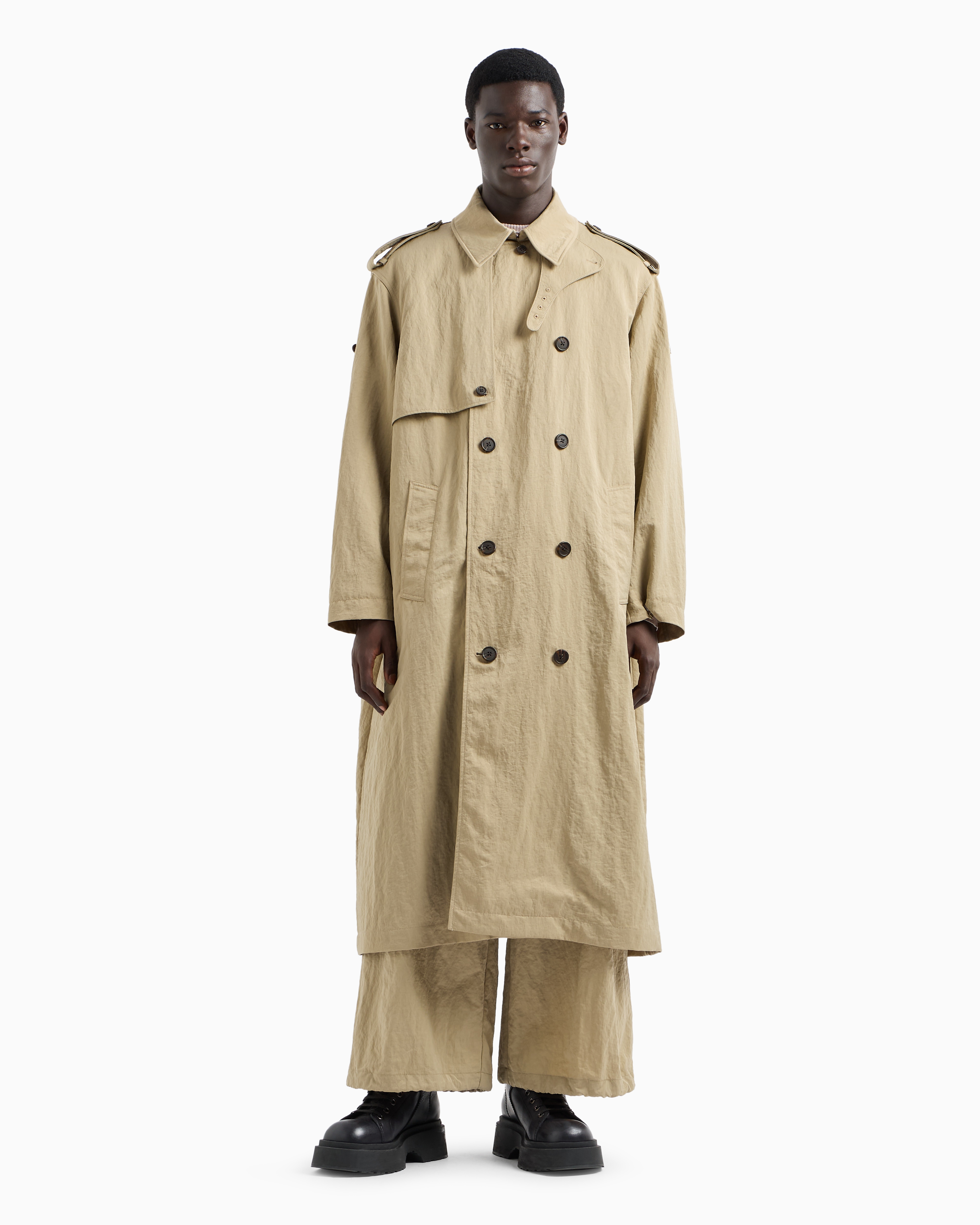 Emporio Armani Double-breasted Trench Coat With Belt In Technical Twill In Beige