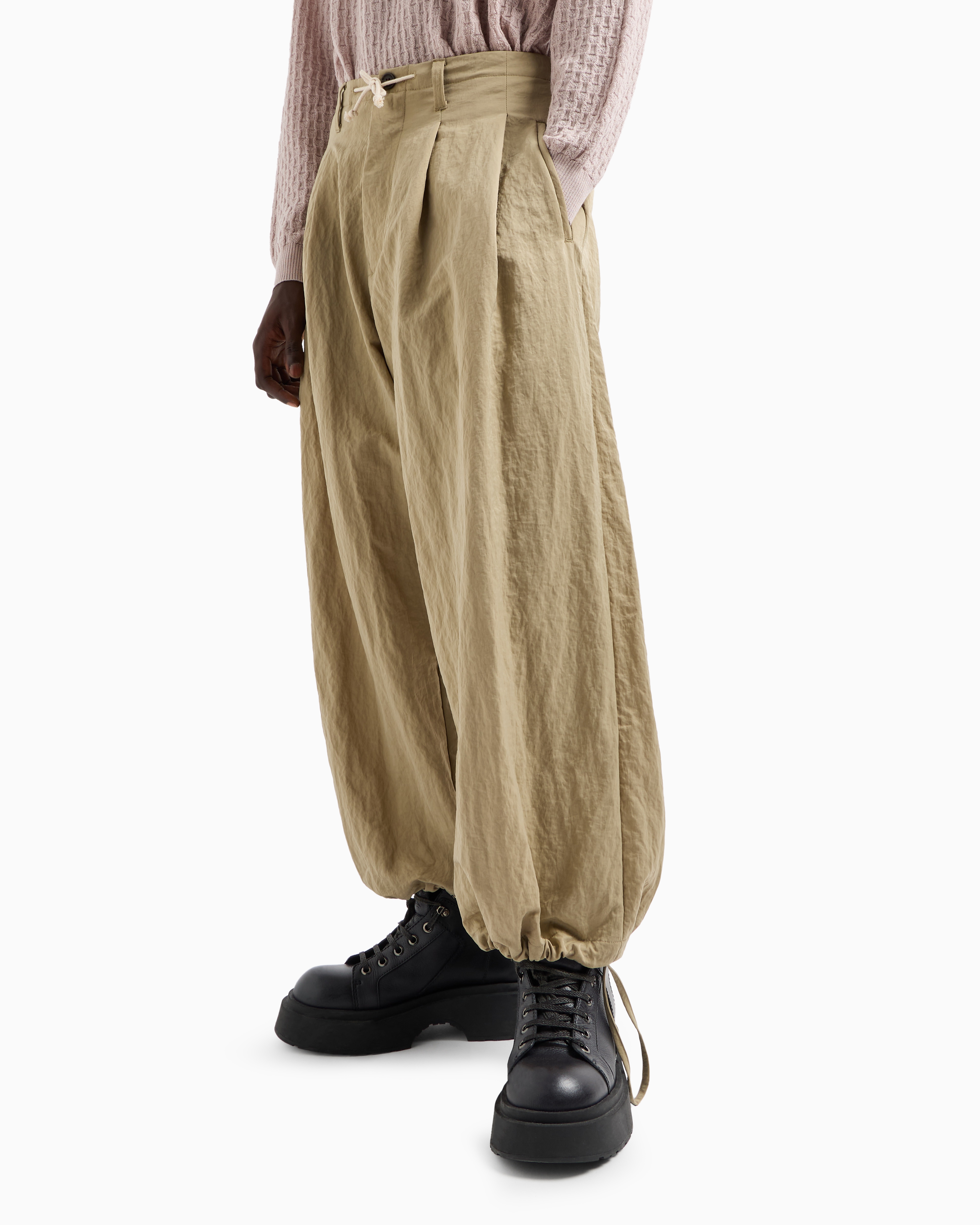 Shop Emporio Armani Wide Trousers In Technical Fabric With Drawstring At The Hem In Beige