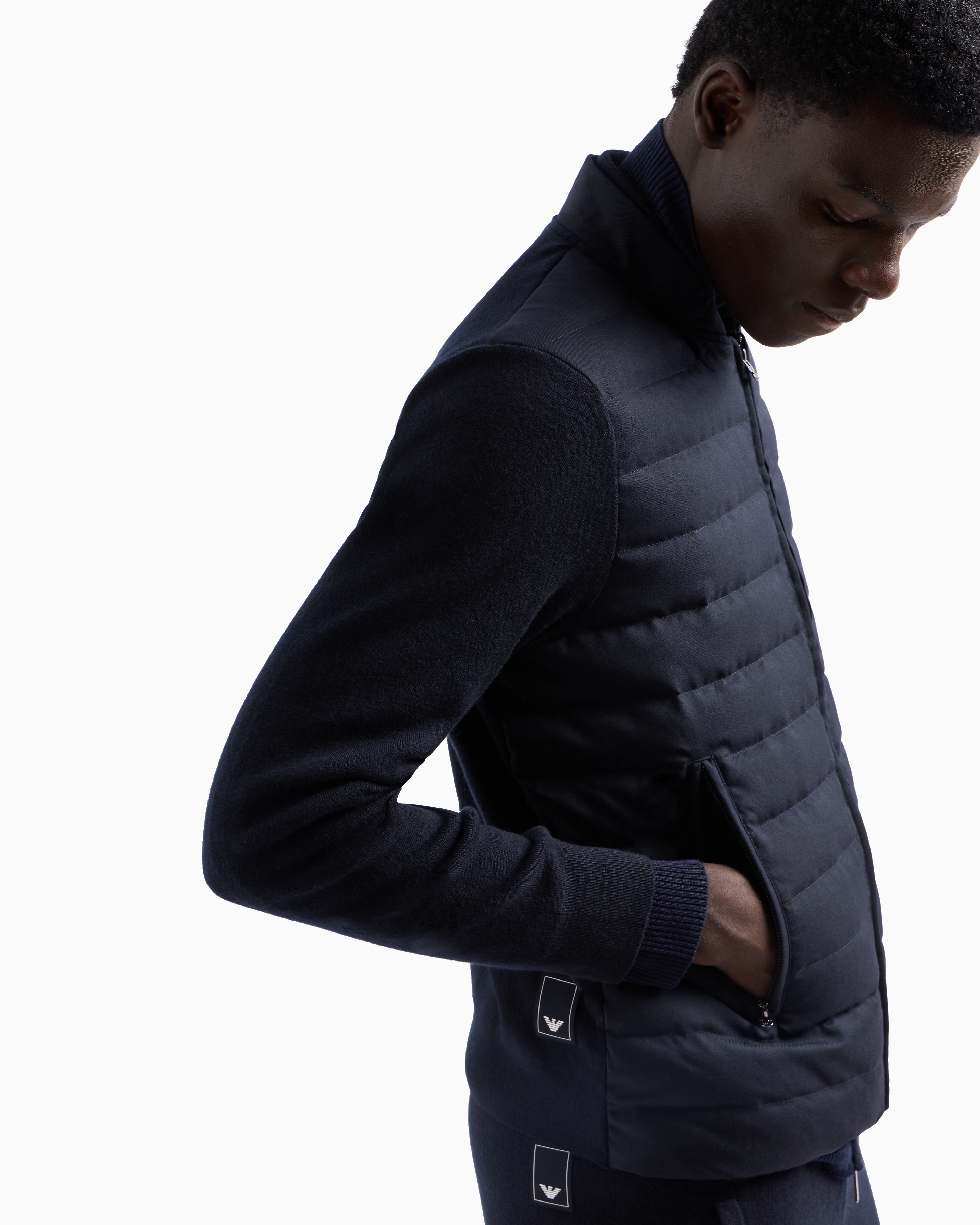 Shop Emporio Armani Travel Essential Knit Blouson With Quilted Insert In Navy Blue