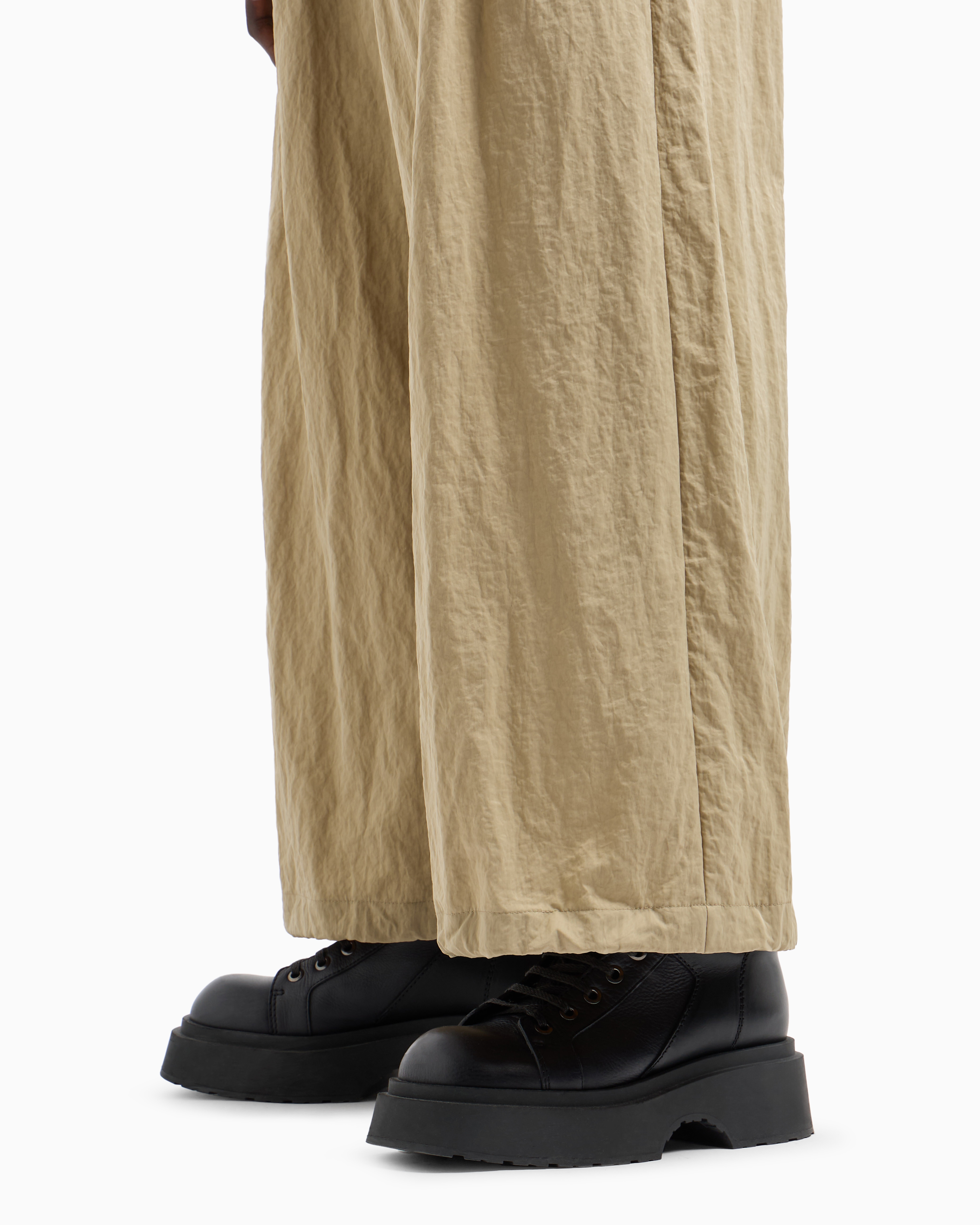 Shop Emporio Armani Wide Trousers In Technical Fabric With Drawstring At The Hem In Beige