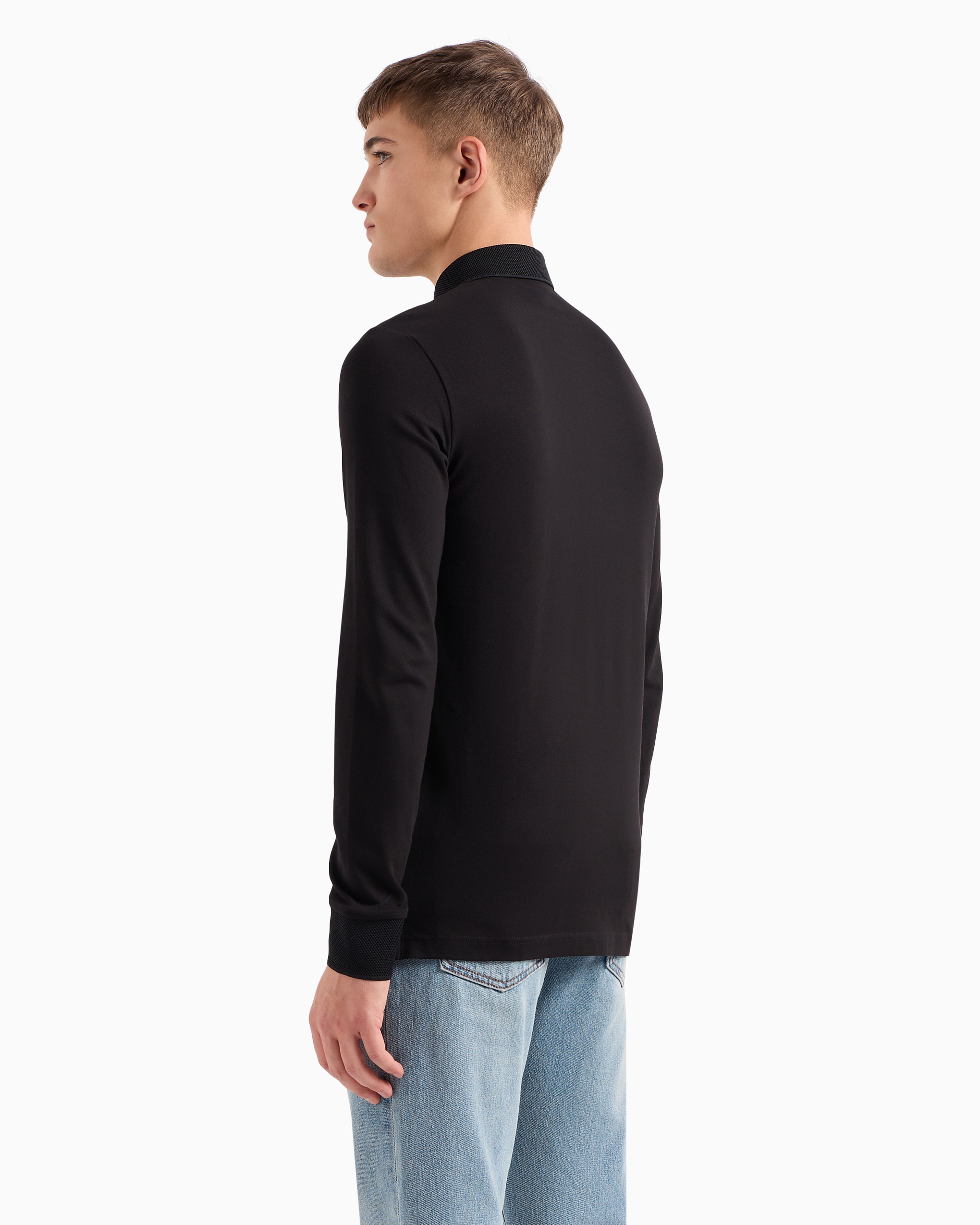 Armani Exchange - Slim fit polo shirt in stretch cotton with long sleeves, Man, Black, Size: M